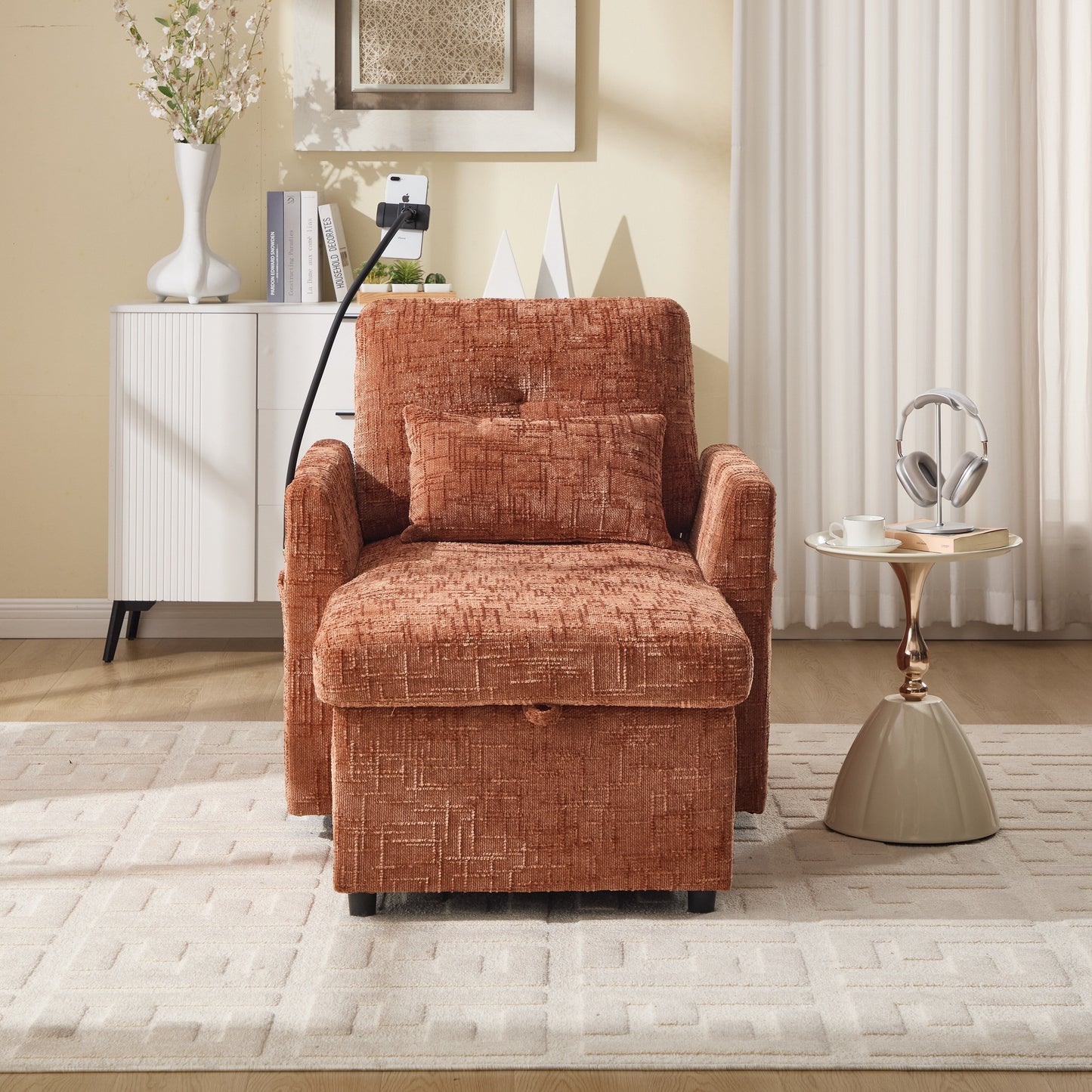 Multifunctional Lazy Person Sofa Recliner,Storage Backrest With Cell Phone Bracket Chenille Single Leisure Chair
