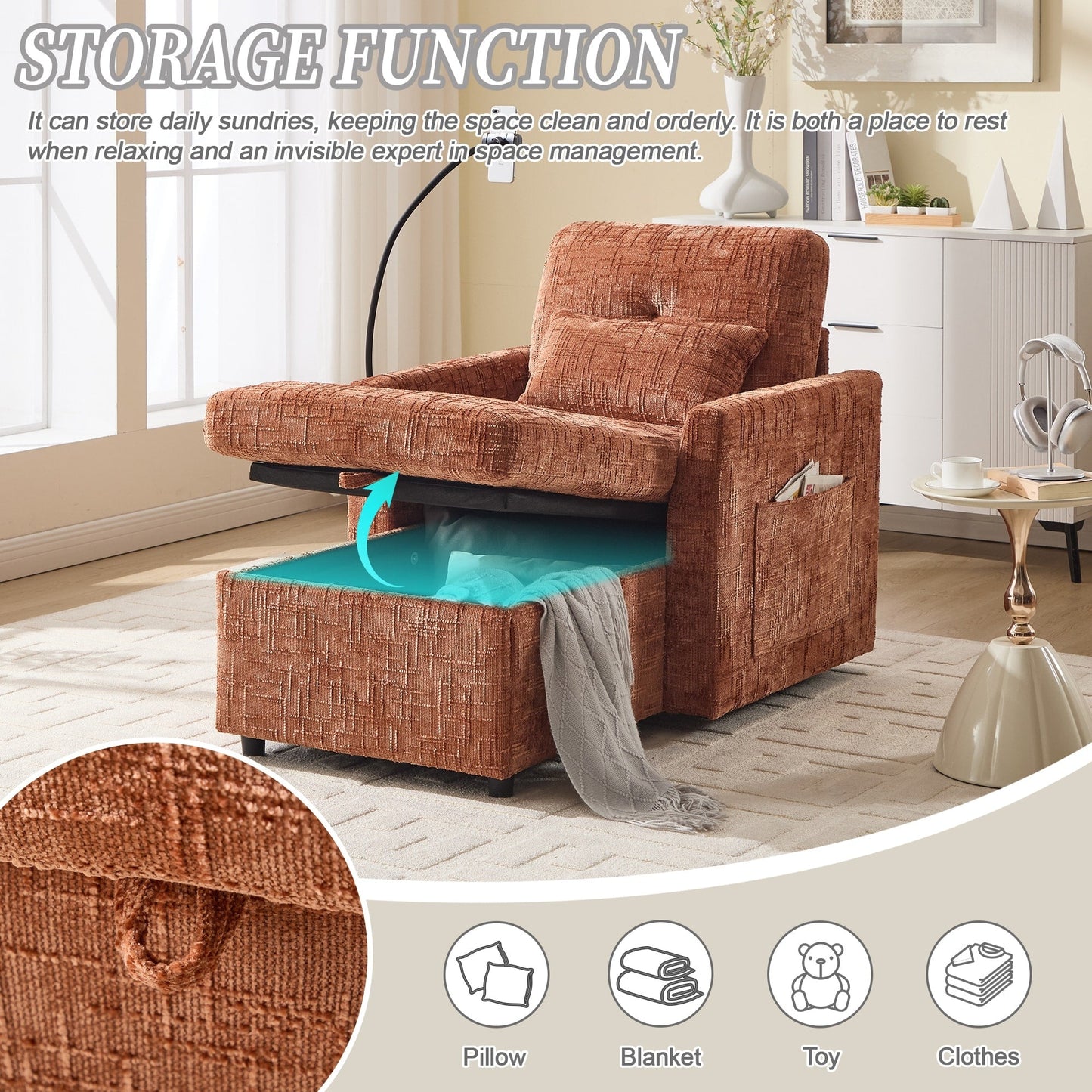 Multifunctional Lazy Person Sofa Recliner,Storage Backrest With Cell Phone Bracket Chenille Single Leisure Chair