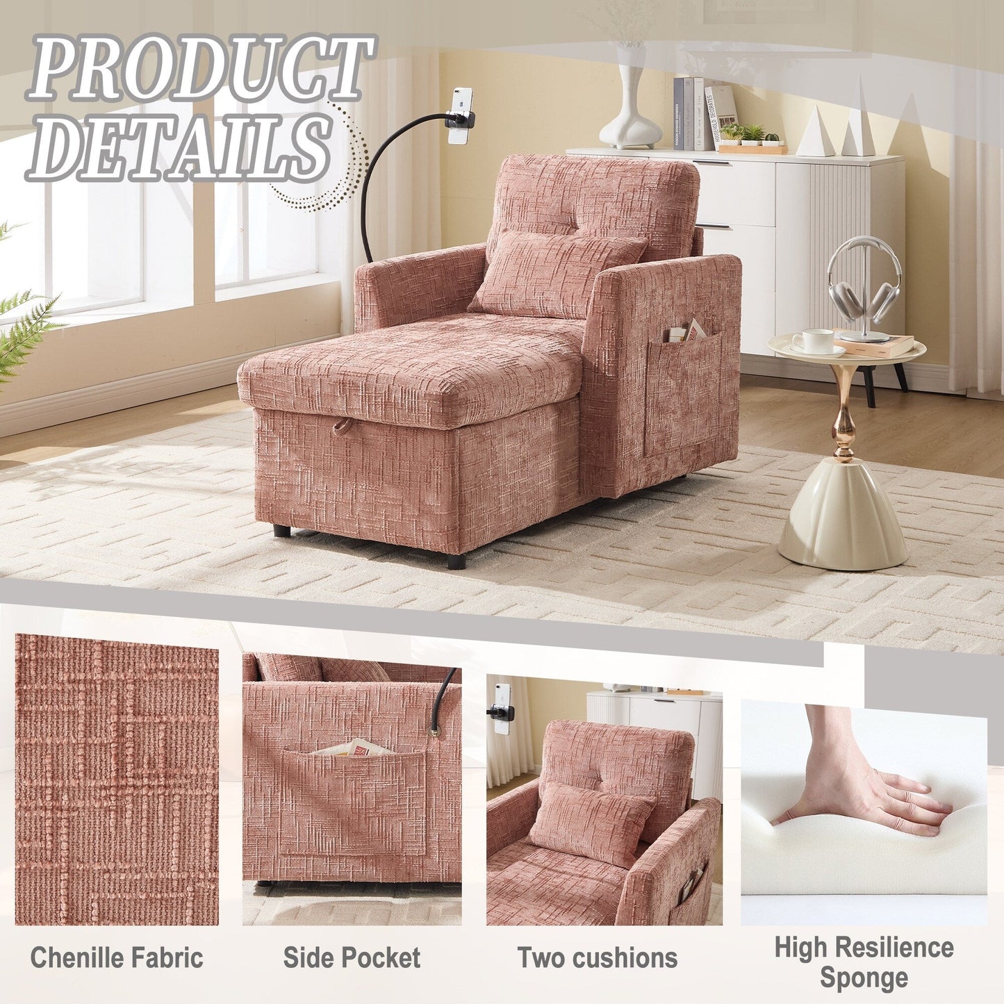 Multifunctional Lazy Person Sofa Recliner,Storage Backrest With Cell Phone Bracket Chenille Single Leisure Chair