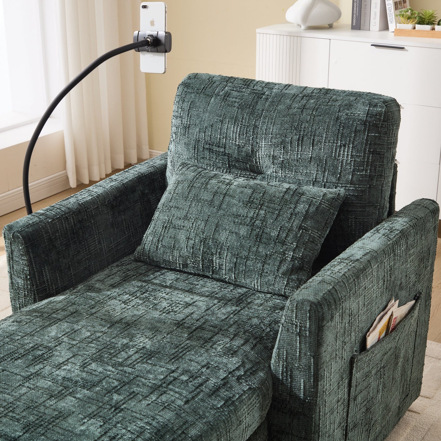 Multifunctional Lazy Person Sofa Recliner,Storage Backrest With Cell Phone Bracket Chenille Single Leisure Chair
