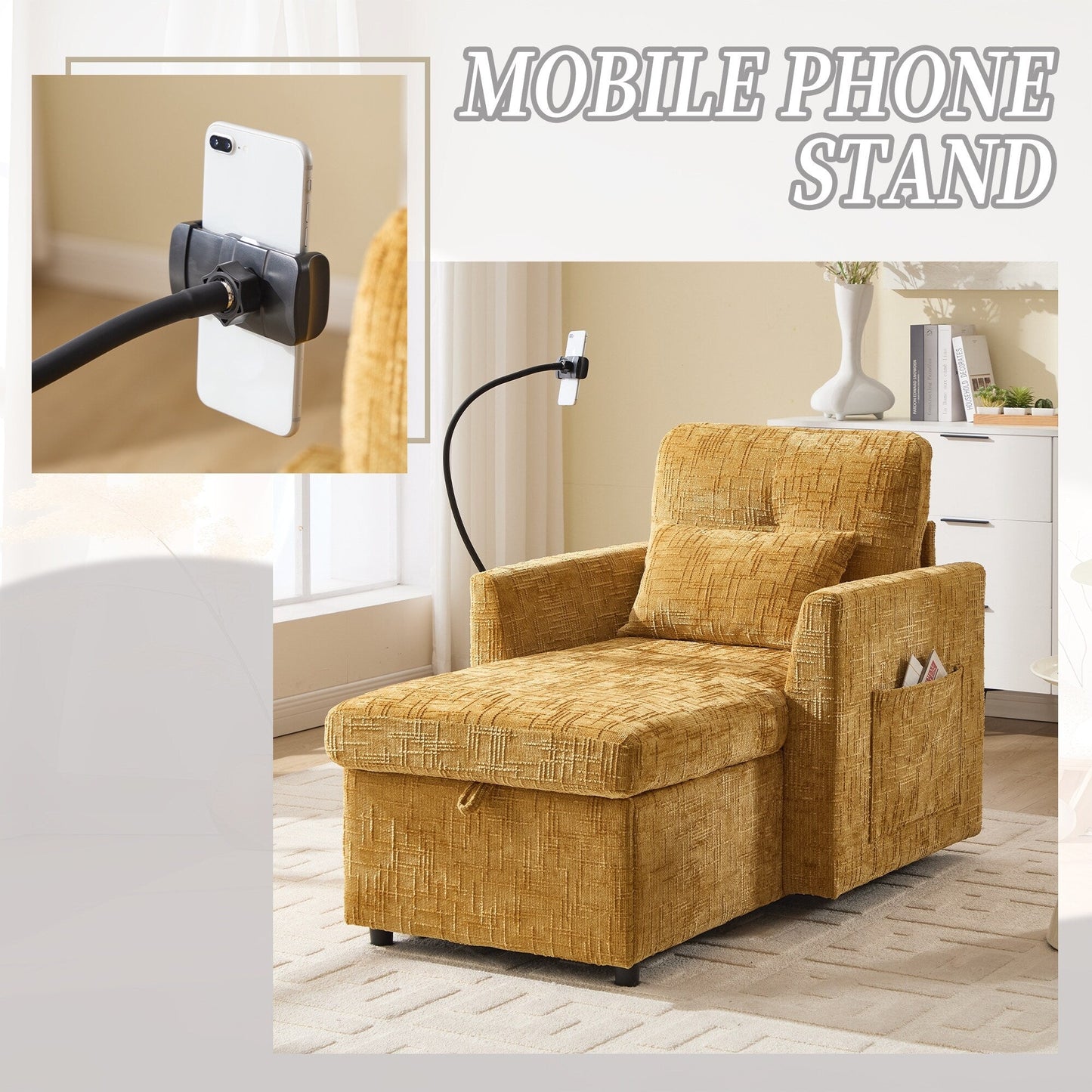 Multifunctional Lazy Person Sofa Recliner,Storage Backrest With Cell Phone Bracket Chenille Single Leisure Chair