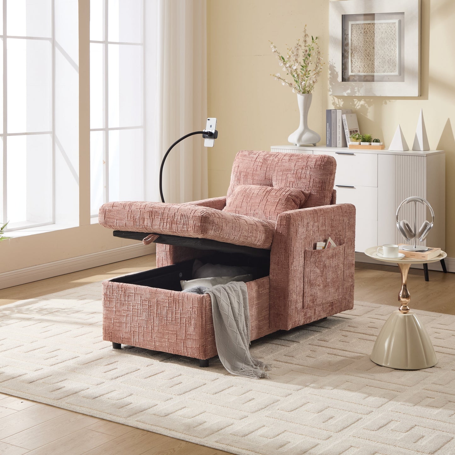 Multifunctional Lazy Person Sofa Recliner,Storage Backrest With Cell Phone Bracket Chenille Single Leisure Chair