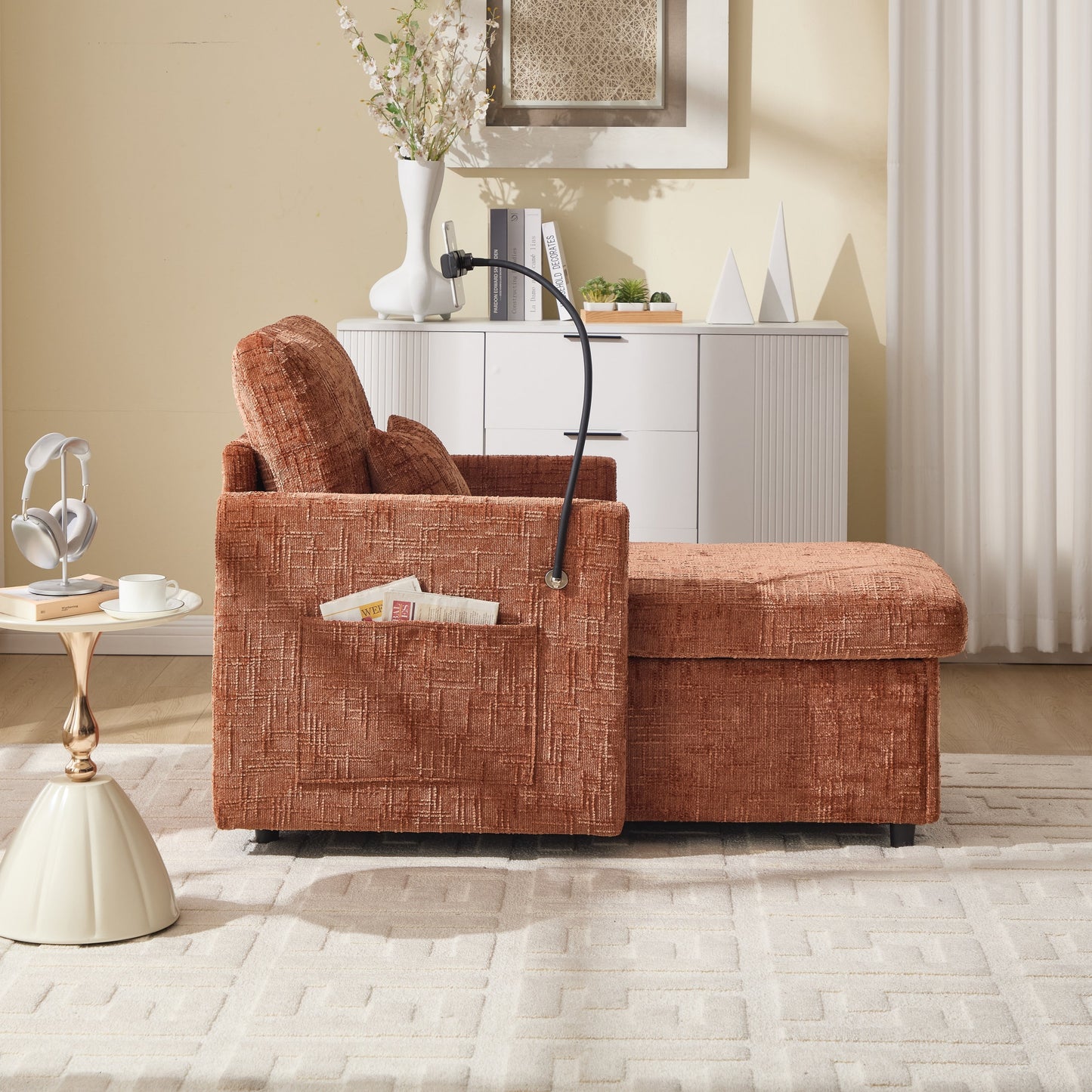 Multifunctional Lazy Person Sofa Recliner,Storage Backrest With Cell Phone Bracket Chenille Single Leisure Chair