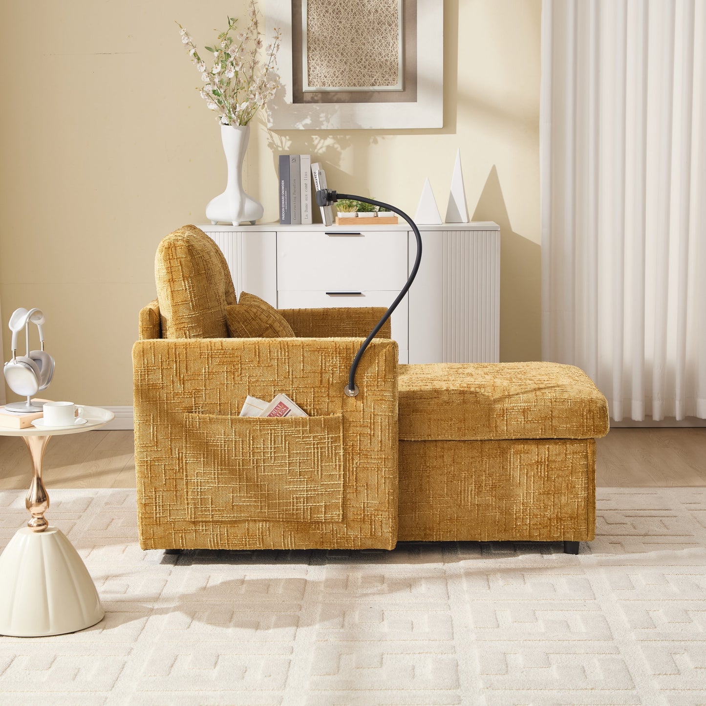 Multifunctional Lazy Person Sofa Recliner,Storage Backrest With Cell Phone Bracket Chenille Single Leisure Chair