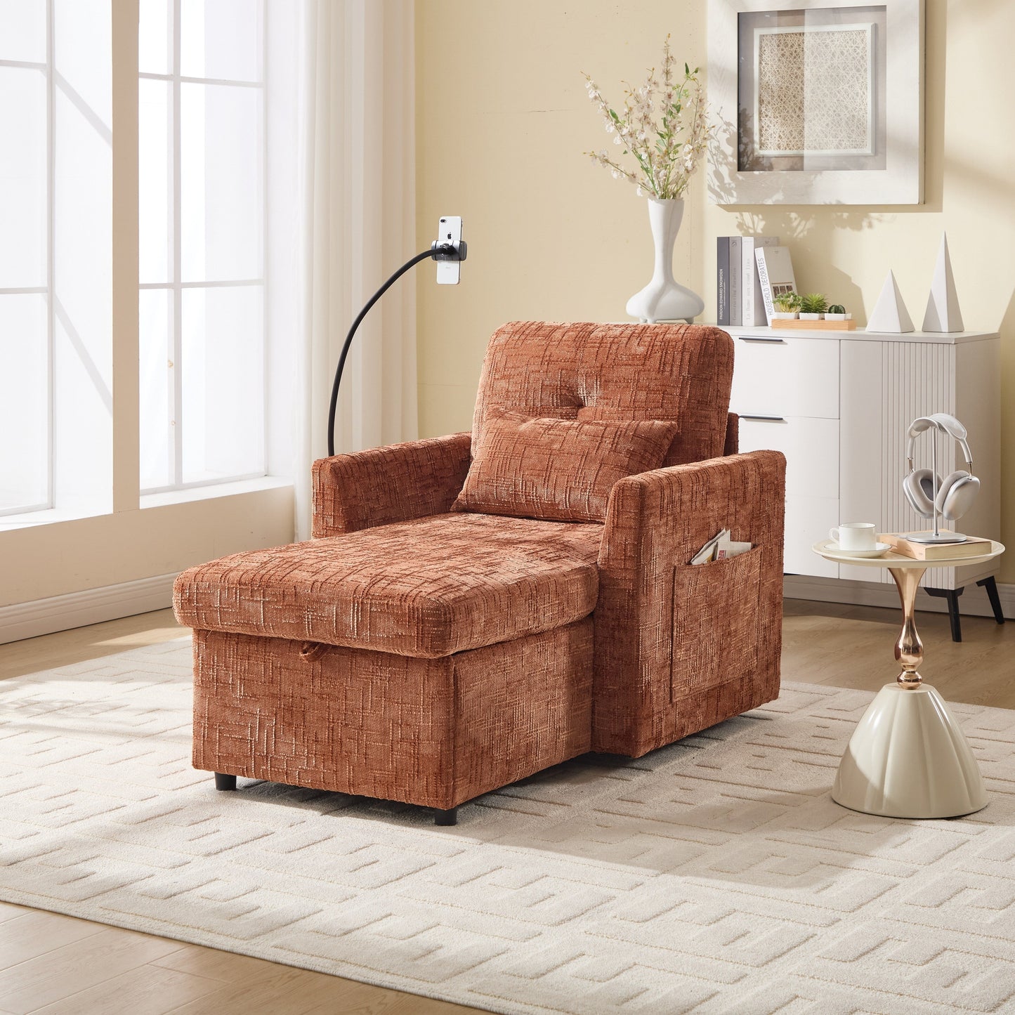 Multifunctional Lazy Person Sofa Recliner,Storage Backrest With Cell Phone Bracket Chenille Single Leisure Chair
