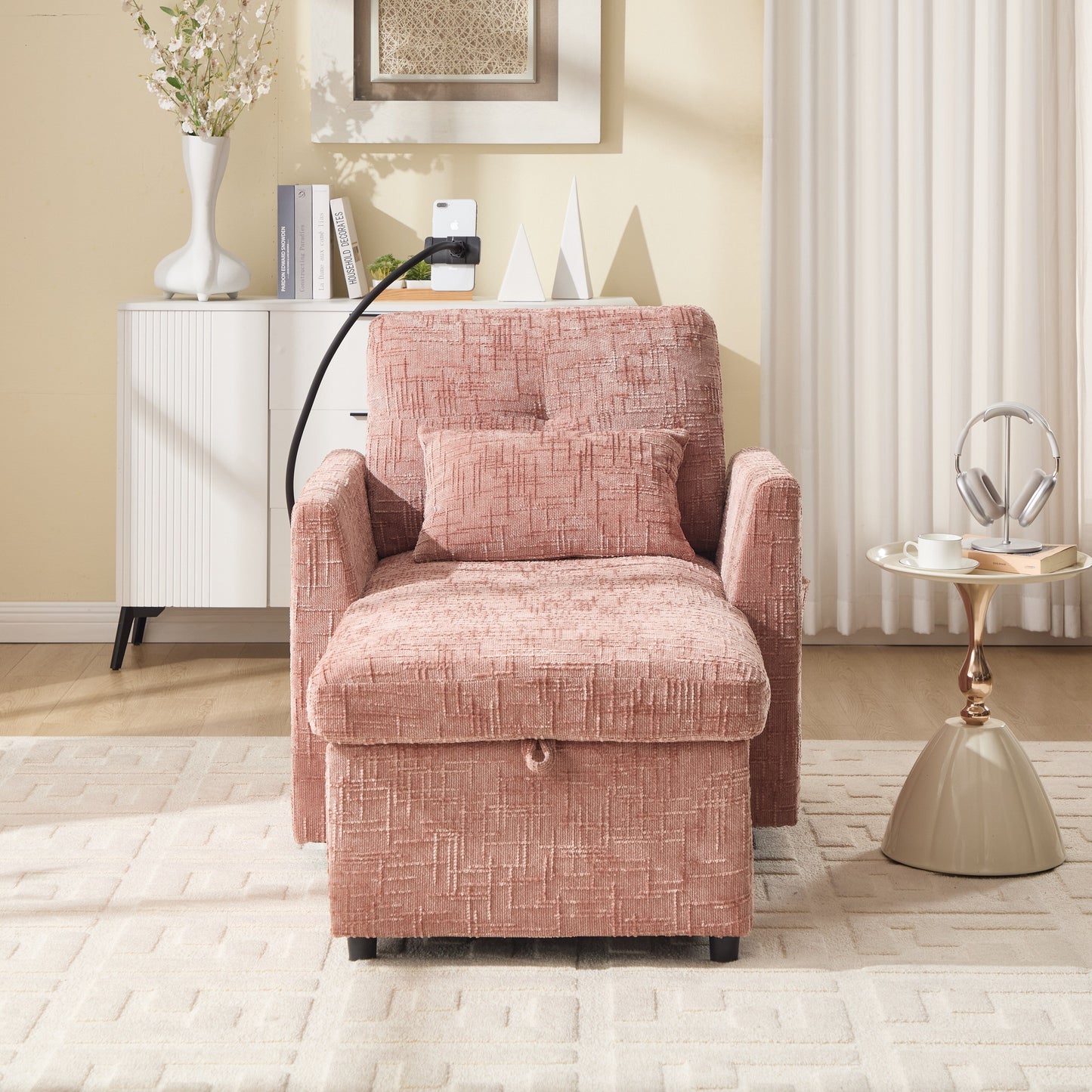 Multifunctional Lazy Person Sofa Recliner,Storage Backrest With Cell Phone Bracket Chenille Single Leisure Chair