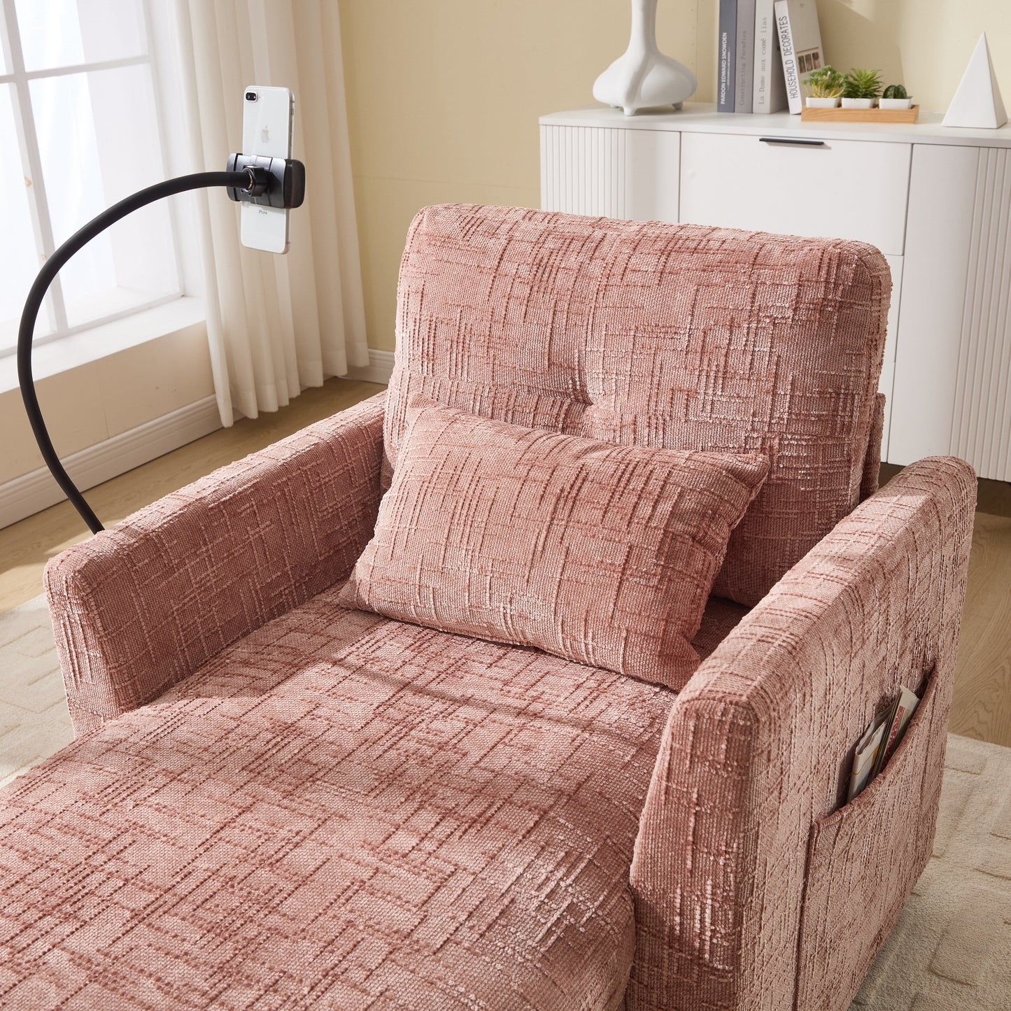 Multifunctional Lazy Person Sofa Recliner,Storage Backrest With Cell Phone Bracket Chenille Single Leisure Chair