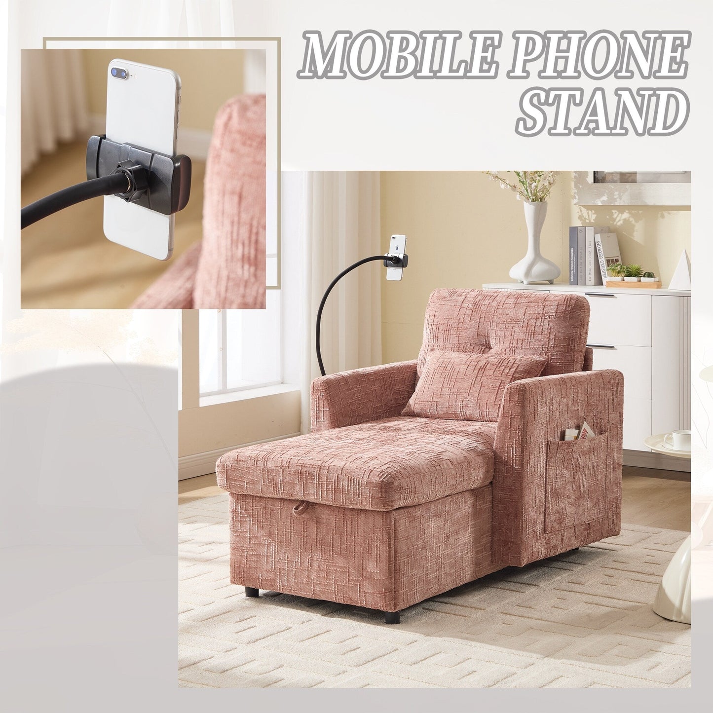 Multifunctional Lazy Person Sofa Recliner,Storage Backrest With Cell Phone Bracket Chenille Single Leisure Chair