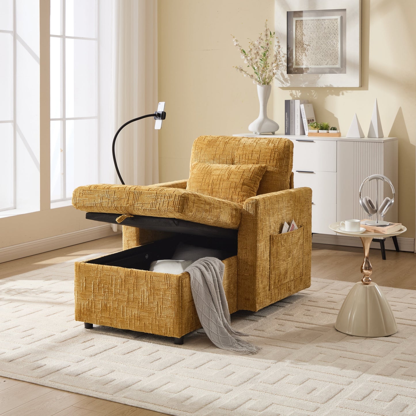 Multifunctional Lazy Person Sofa Recliner,Storage Backrest With Cell Phone Bracket Chenille Single Leisure Chair