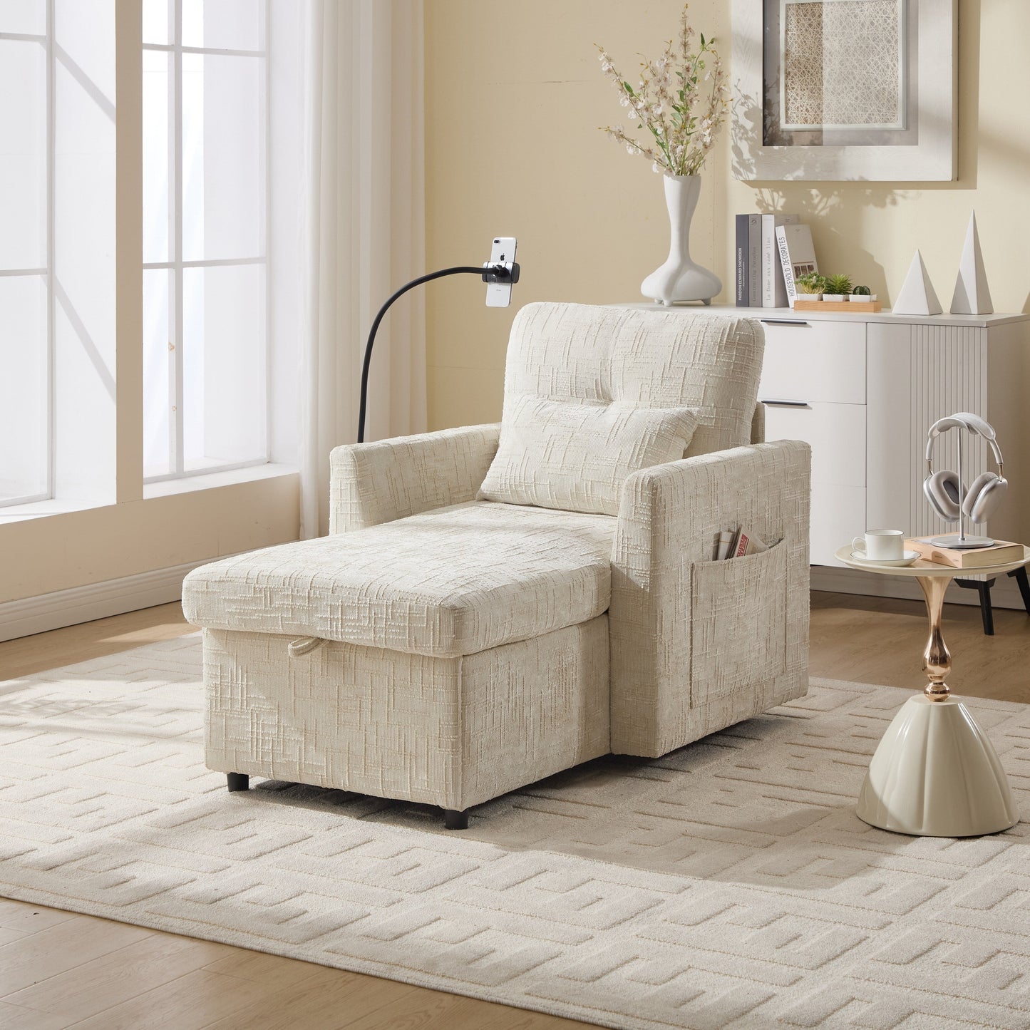 Multifunctional Lazy Person Sofa Recliner,Storage Backrest With Cell Phone Bracket Chenille Single Leisure Chair