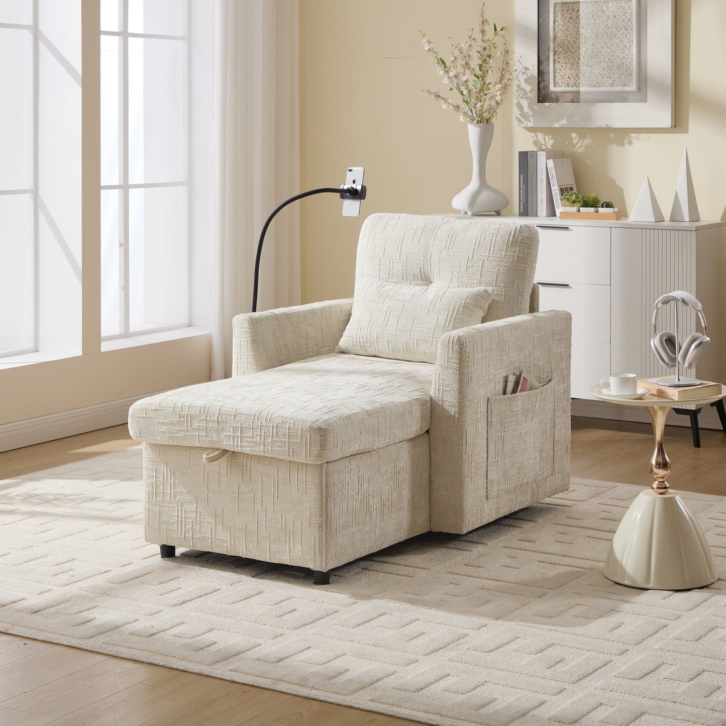 Multifunctional Lazy Person Sofa Recliner,Storage Backrest With Cell Phone Bracket Chenille Single Leisure Chair