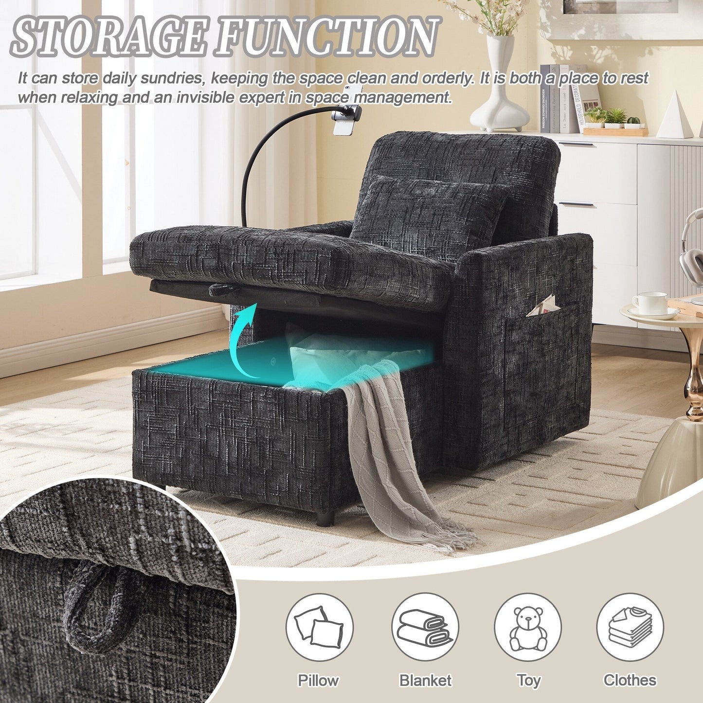 Multifunctional Lazy Person Sofa Recliner,Storage Backrest With Cell Phone Bracket Chenille Single Leisure Chair