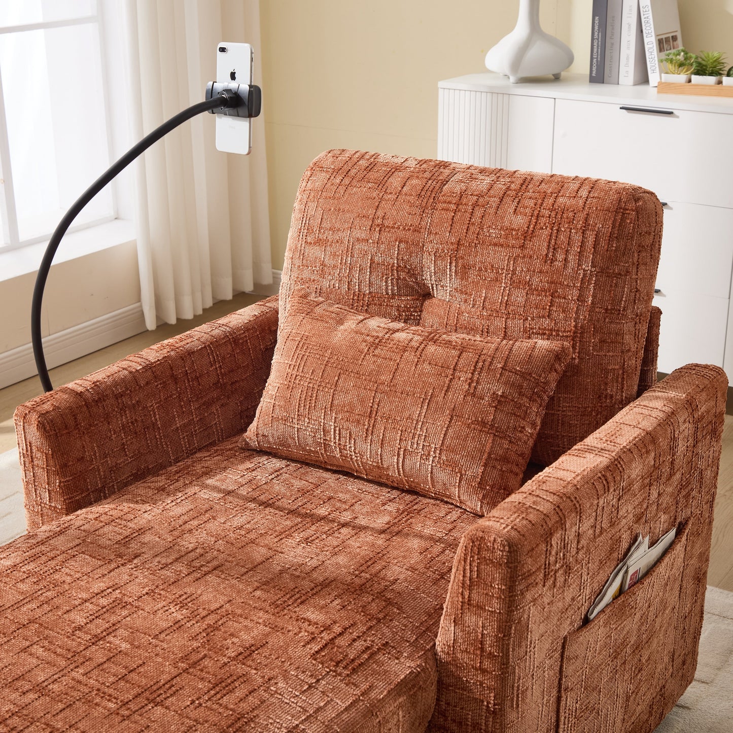 Multifunctional Lazy Person Sofa Recliner,Storage Backrest With Cell Phone Bracket Chenille Single Leisure Chair