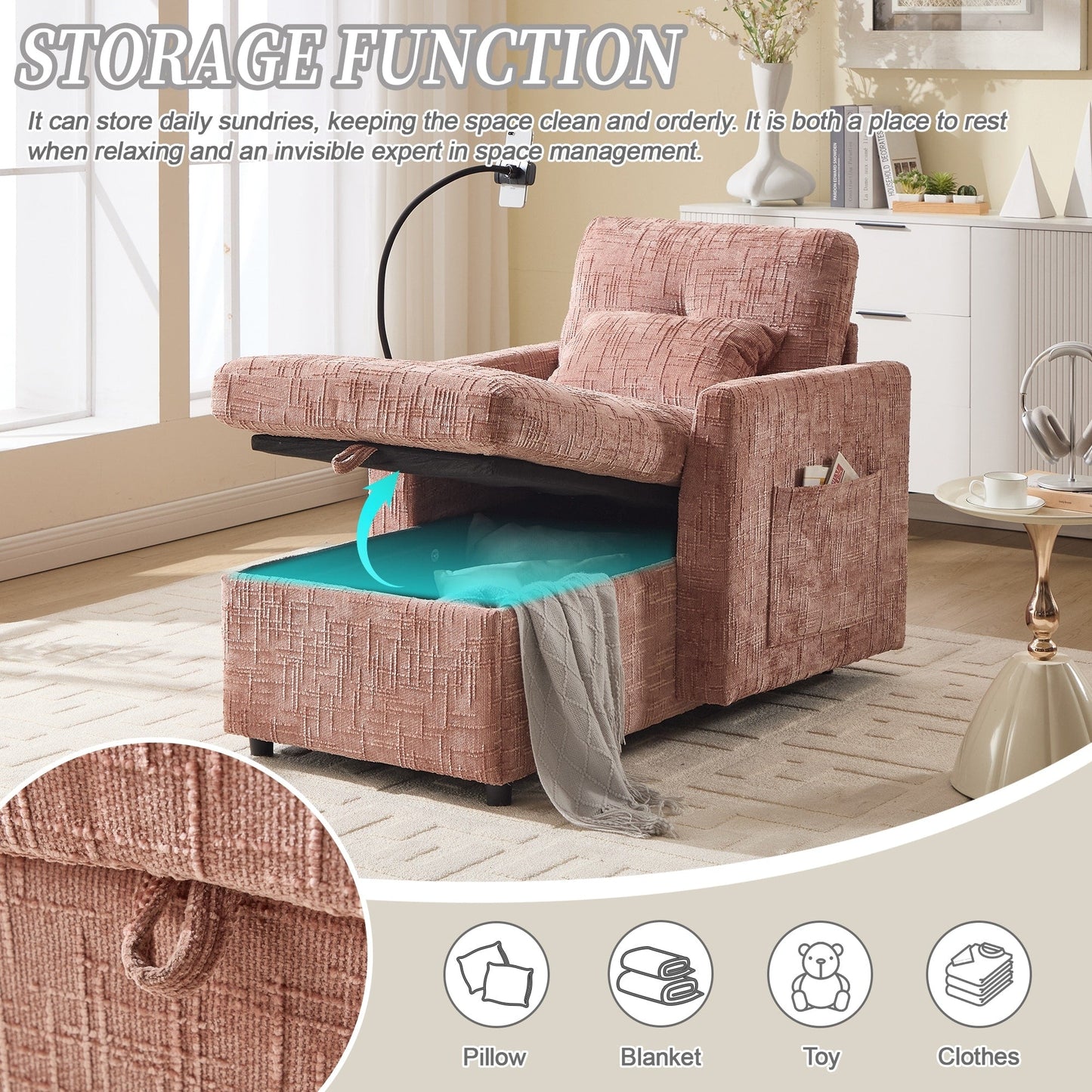 Multifunctional Lazy Person Sofa Recliner,Storage Backrest With Cell Phone Bracket Chenille Single Leisure Chair