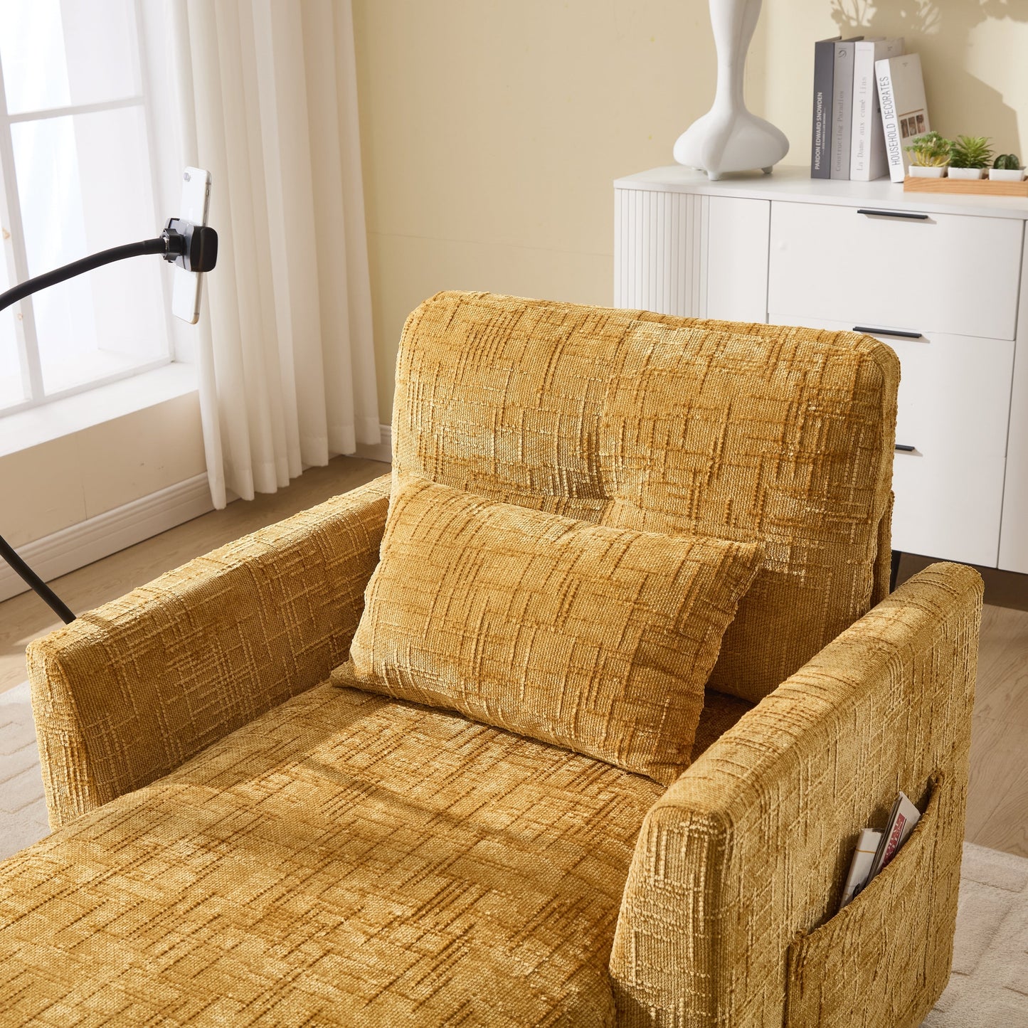 Multifunctional Lazy Person Sofa Recliner,Storage Backrest With Cell Phone Bracket Chenille Single Leisure Chair
