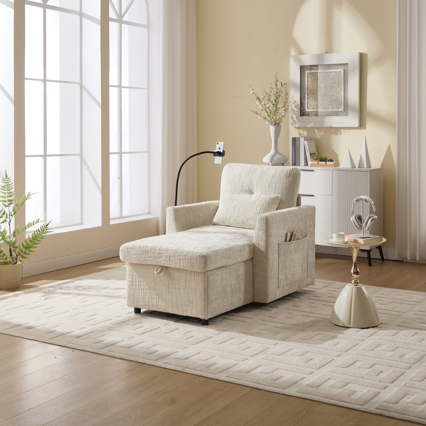 Multifunctional Lazy Person Sofa Recliner,Storage Backrest With Cell Phone Bracket Chenille Single Leisure Chair