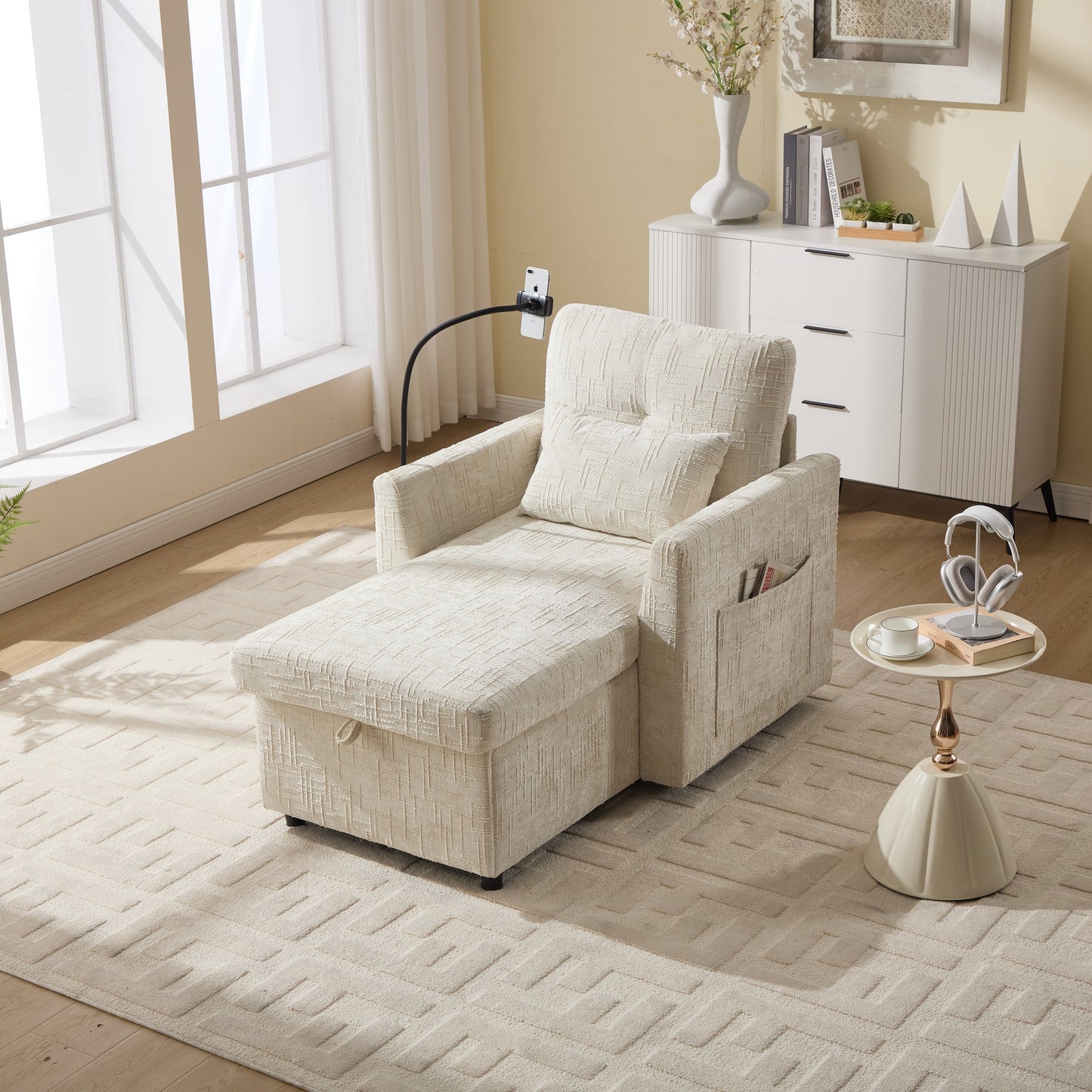 Multifunctional Lazy Person Sofa Recliner,Storage Backrest With Cell Phone Bracket Chenille Single Leisure Chair