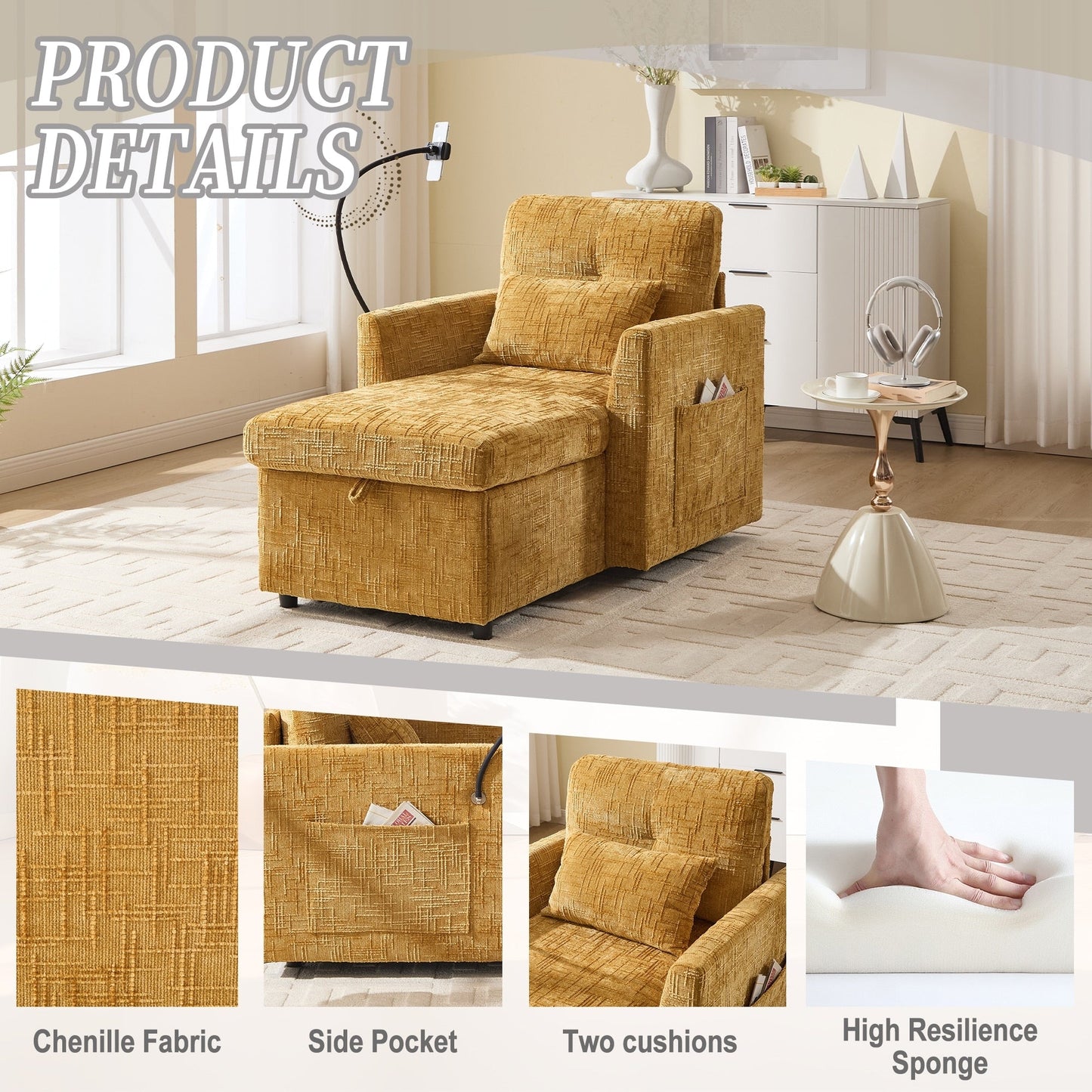 Multifunctional Lazy Person Sofa Recliner,Storage Backrest With Cell Phone Bracket Chenille Single Leisure Chair