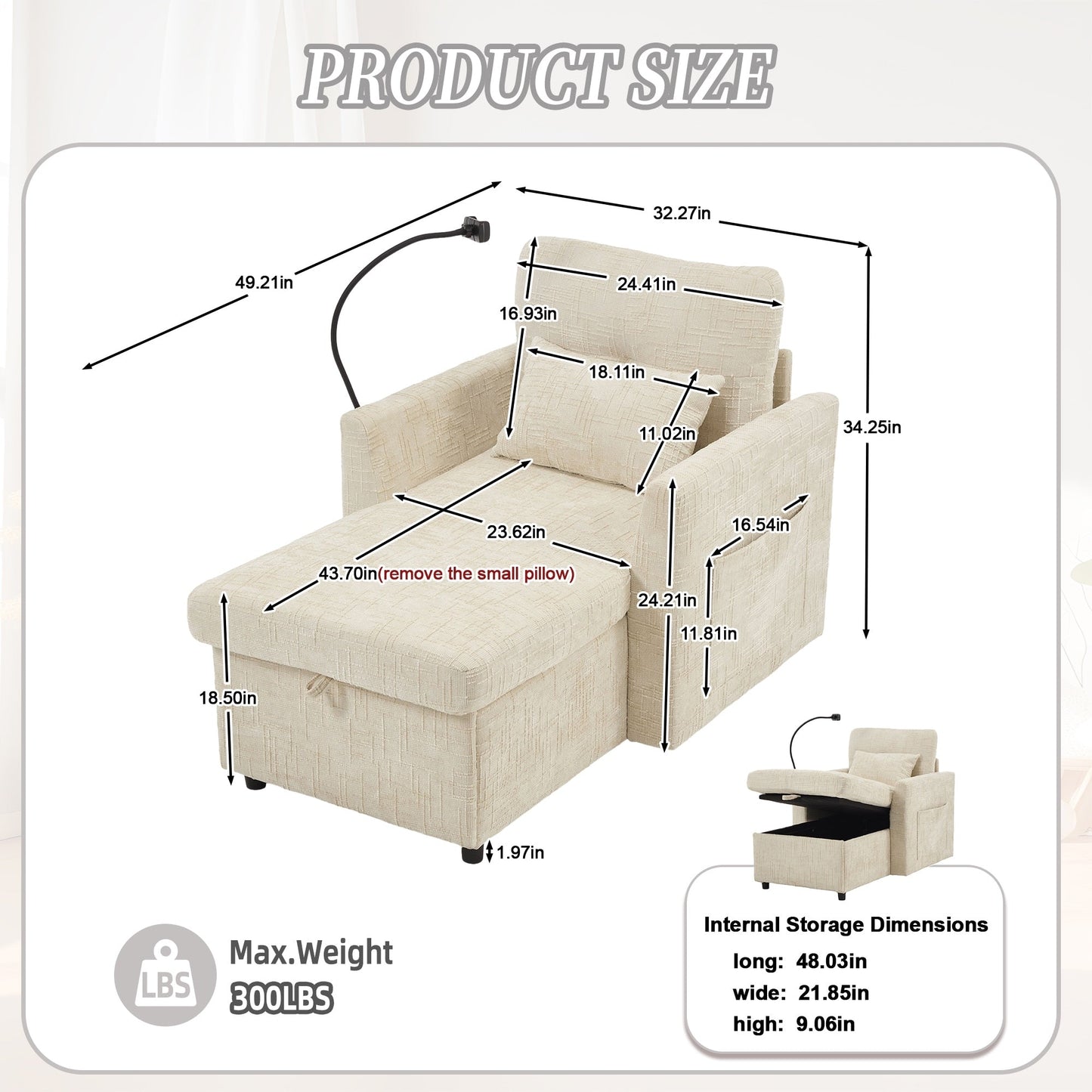 Multifunctional Lazy Person Sofa Recliner,Storage Backrest With Cell Phone Bracket Chenille Single Leisure Chair
