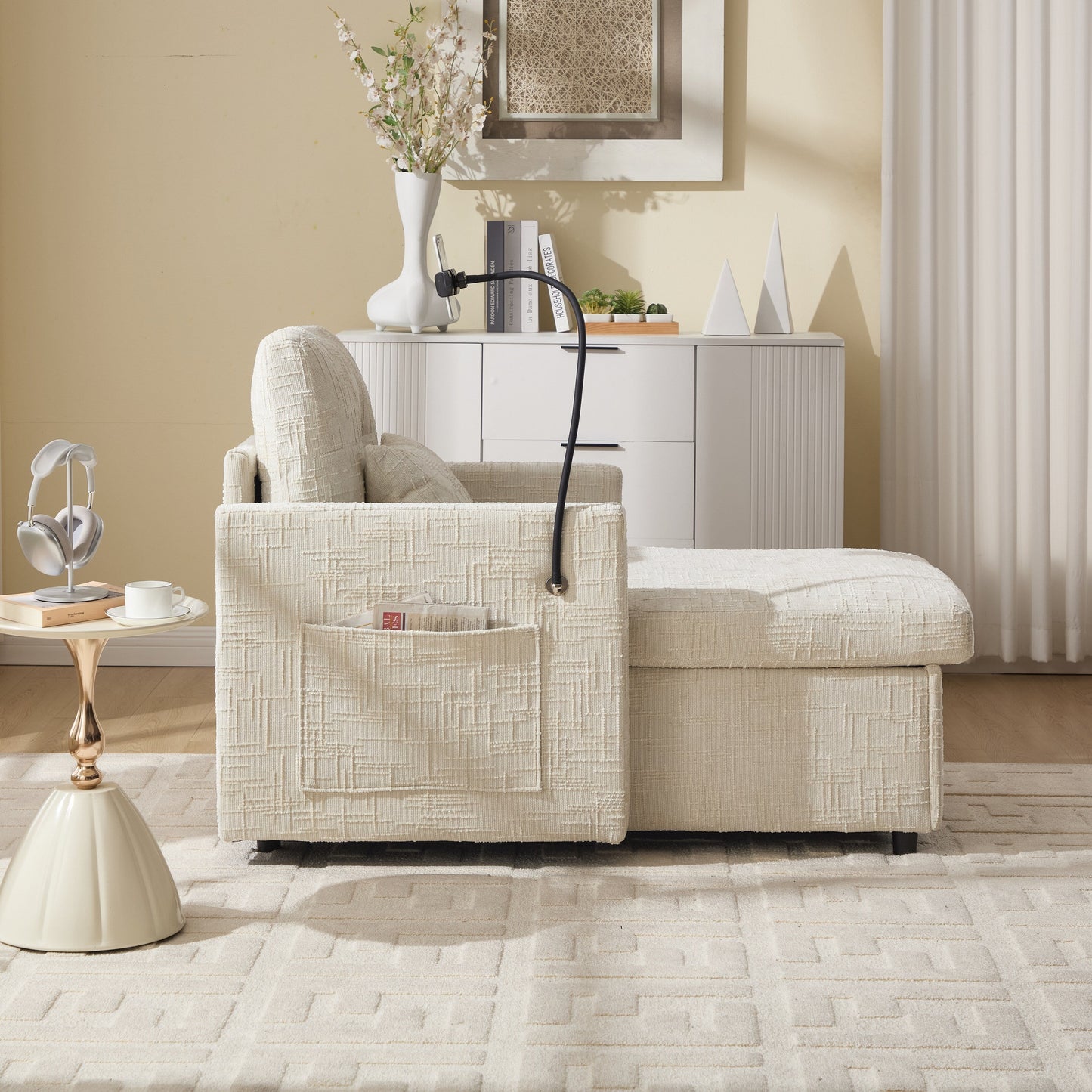 Multifunctional Lazy Person Sofa Recliner,Storage Backrest With Cell Phone Bracket Chenille Single Leisure Chair