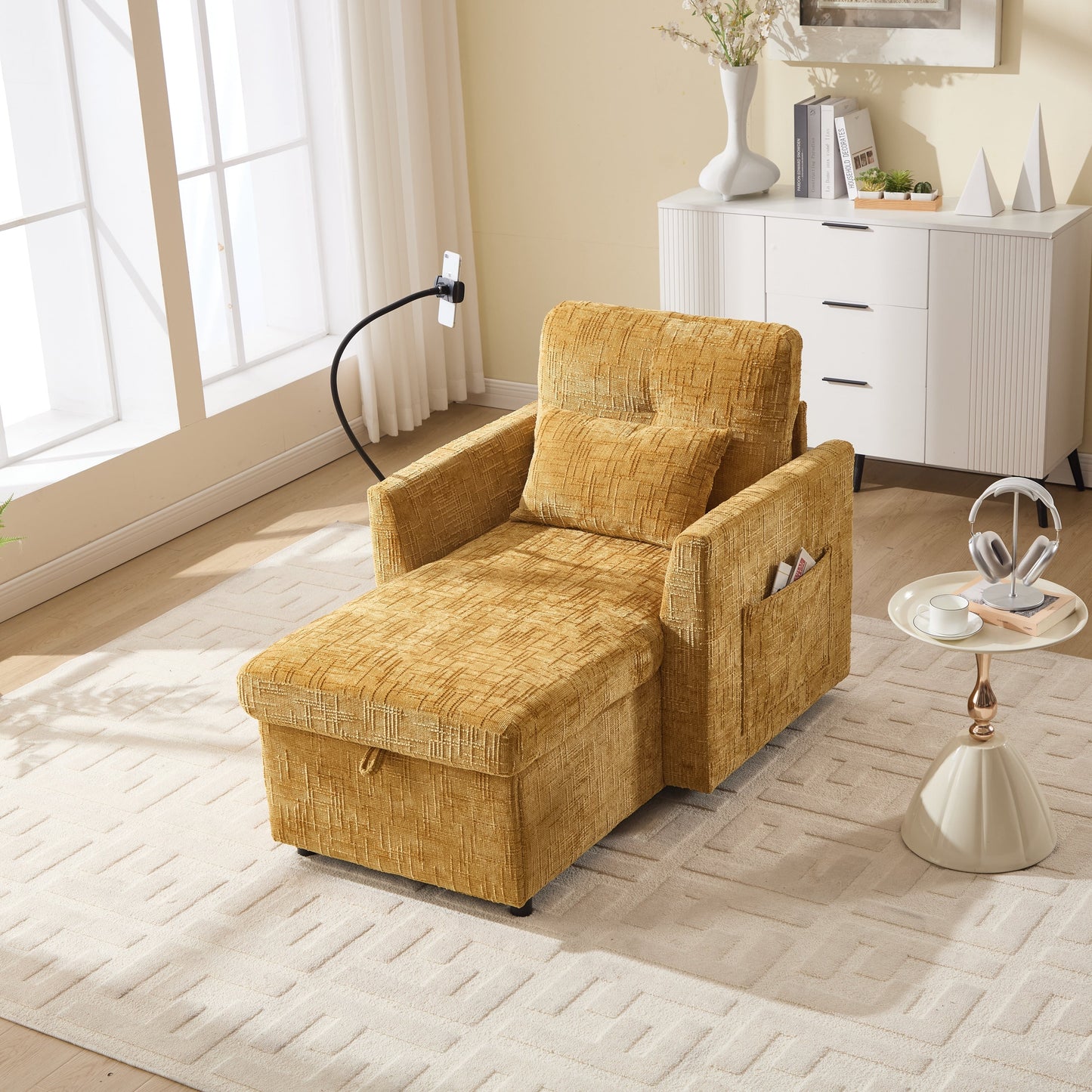 Multifunctional Lazy Person Sofa Recliner,Storage Backrest With Cell Phone Bracket Chenille Single Leisure Chair