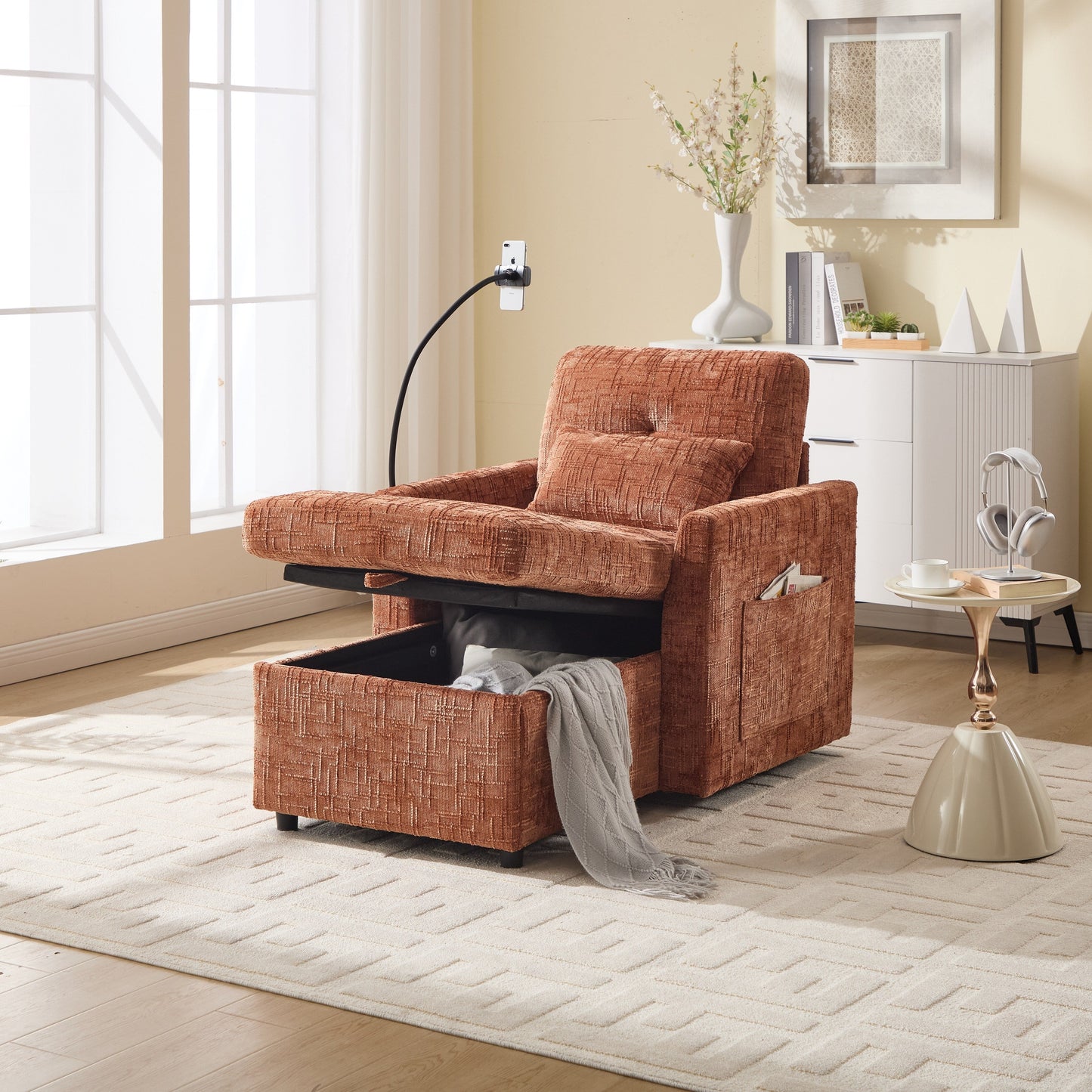 Multifunctional Lazy Person Sofa Recliner,Storage Backrest With Cell Phone Bracket Chenille Single Leisure Chair