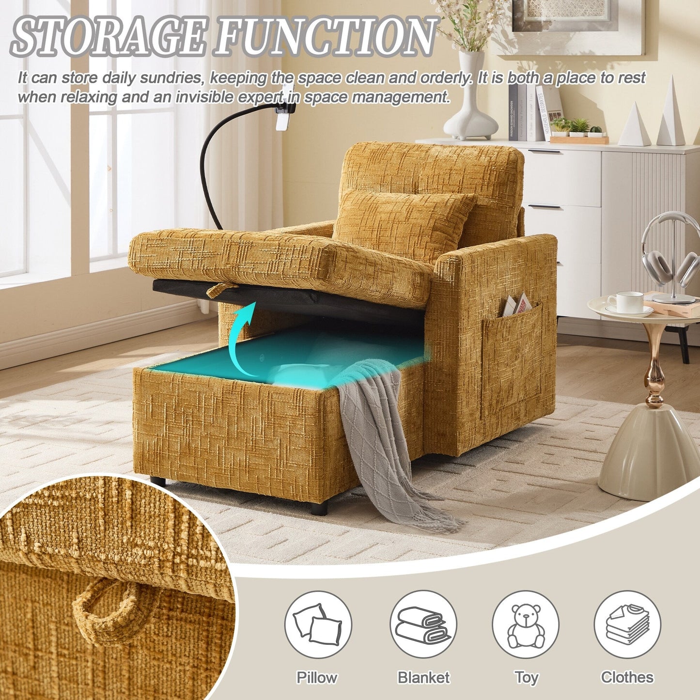 Multifunctional Lazy Person Sofa Recliner,Storage Backrest With Cell Phone Bracket Chenille Single Leisure Chair