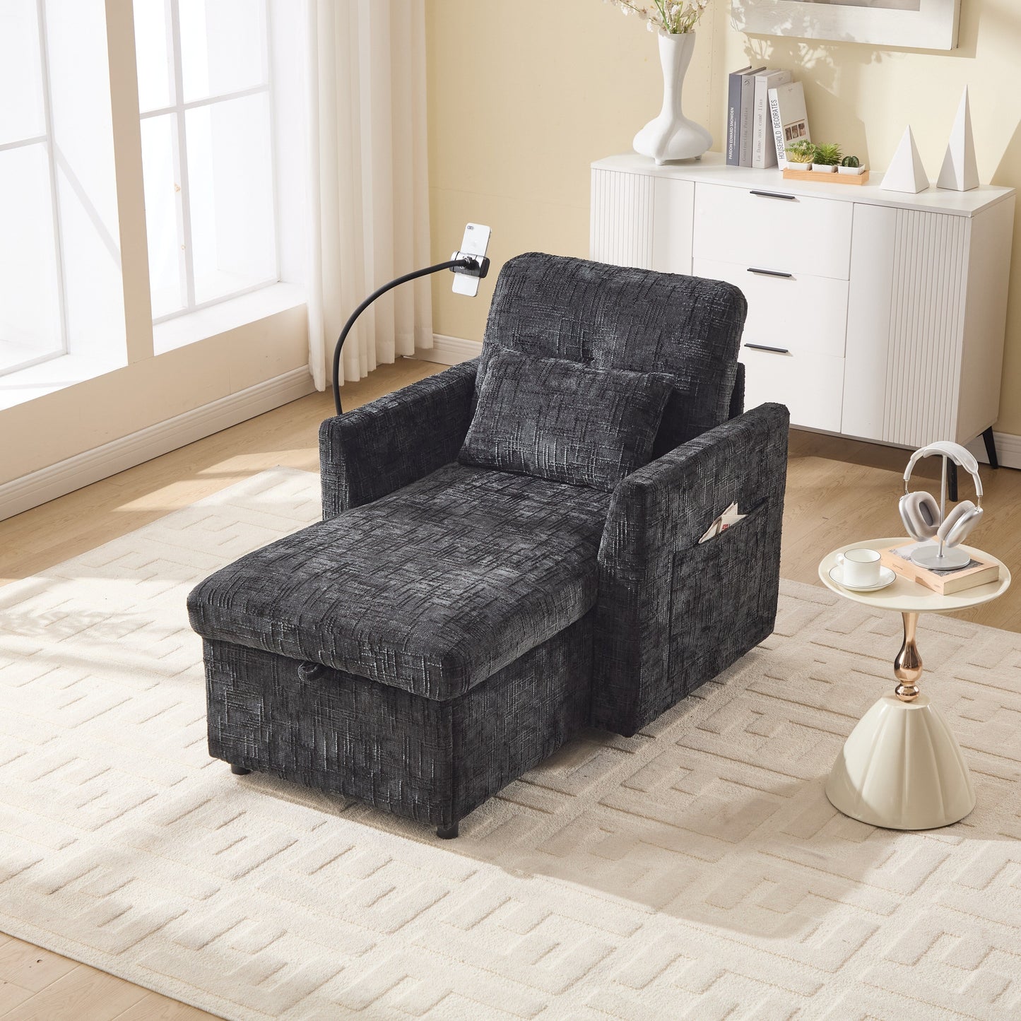 Multifunctional Lazy Person Sofa Recliner,Storage Backrest With Cell Phone Bracket Chenille Single Leisure Chair