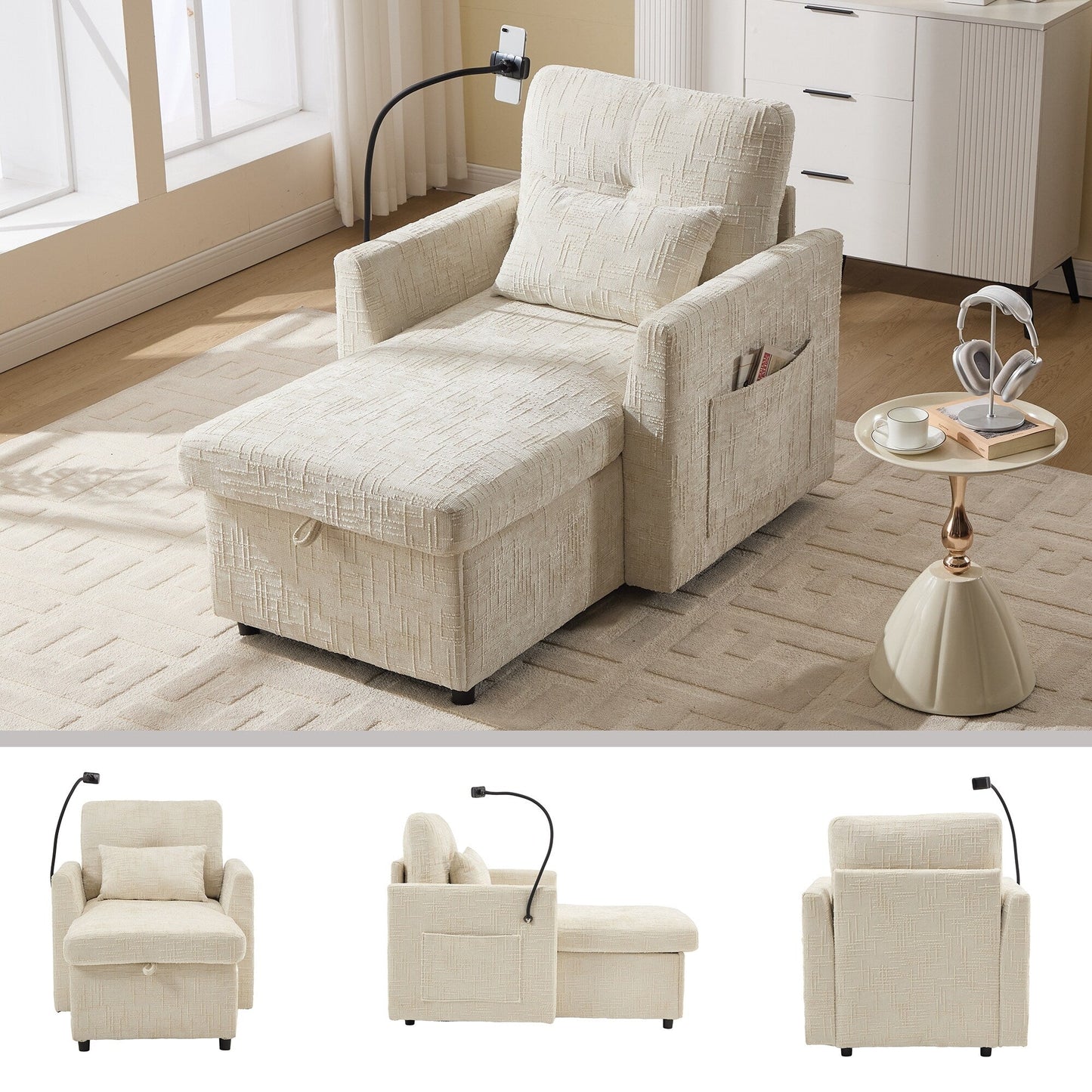 Multifunctional Lazy Person Sofa Recliner,Storage Backrest With Cell Phone Bracket Chenille Single Leisure Chair