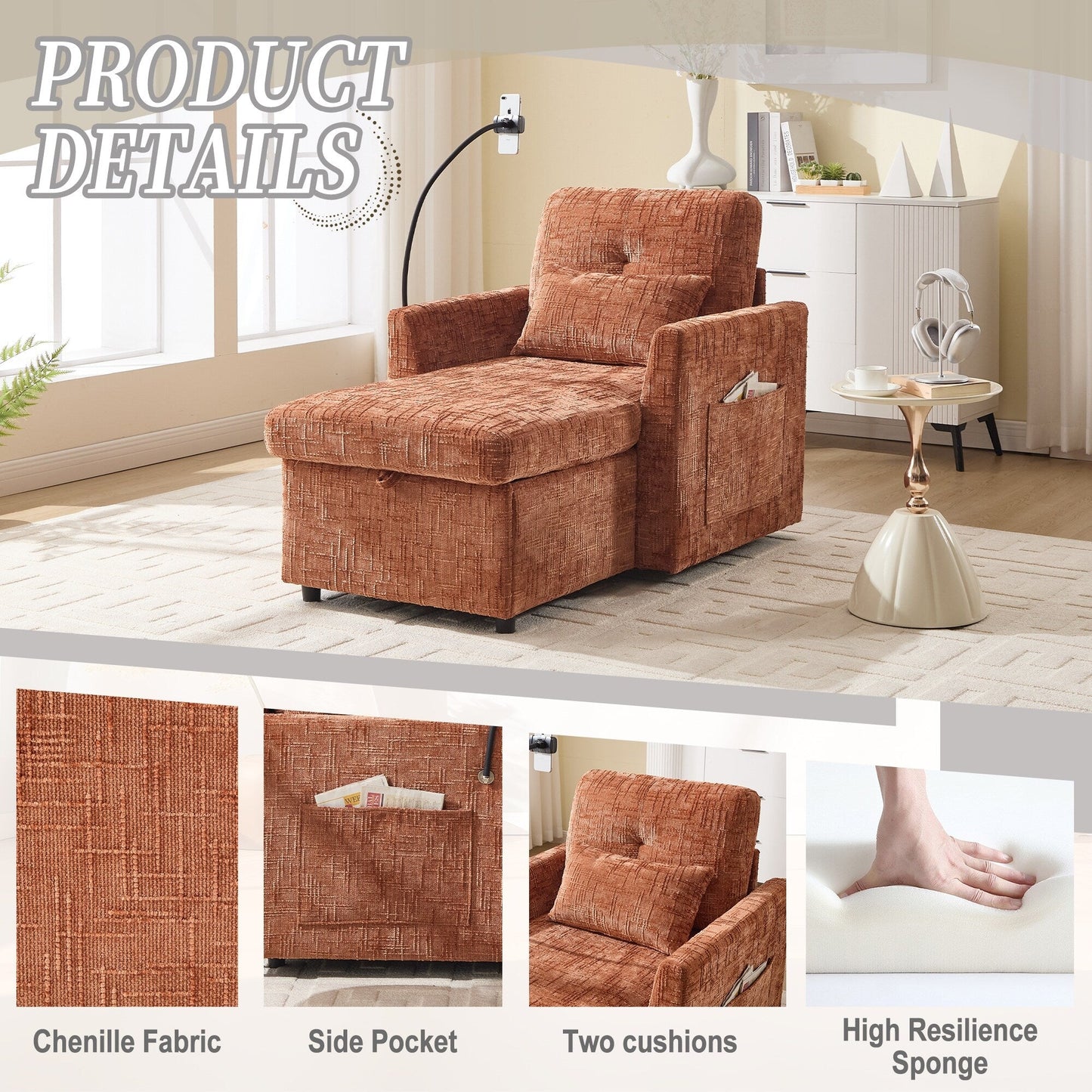 Multifunctional Lazy Person Sofa Recliner,Storage Backrest With Cell Phone Bracket Chenille Single Leisure Chair