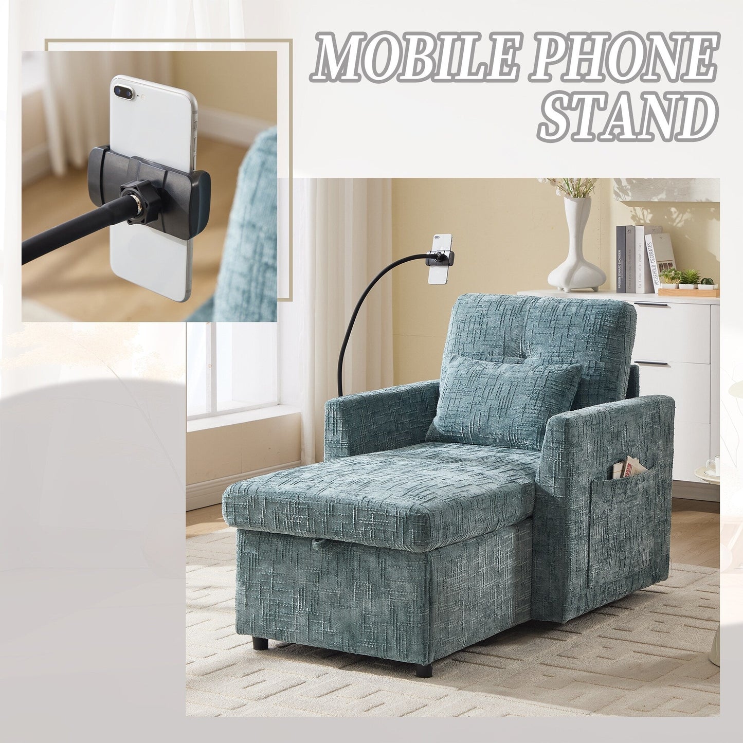 Multifunctional Lazy Person Sofa Recliner,Storage Backrest With Cell Phone Bracket Chenille Single Leisure Chair