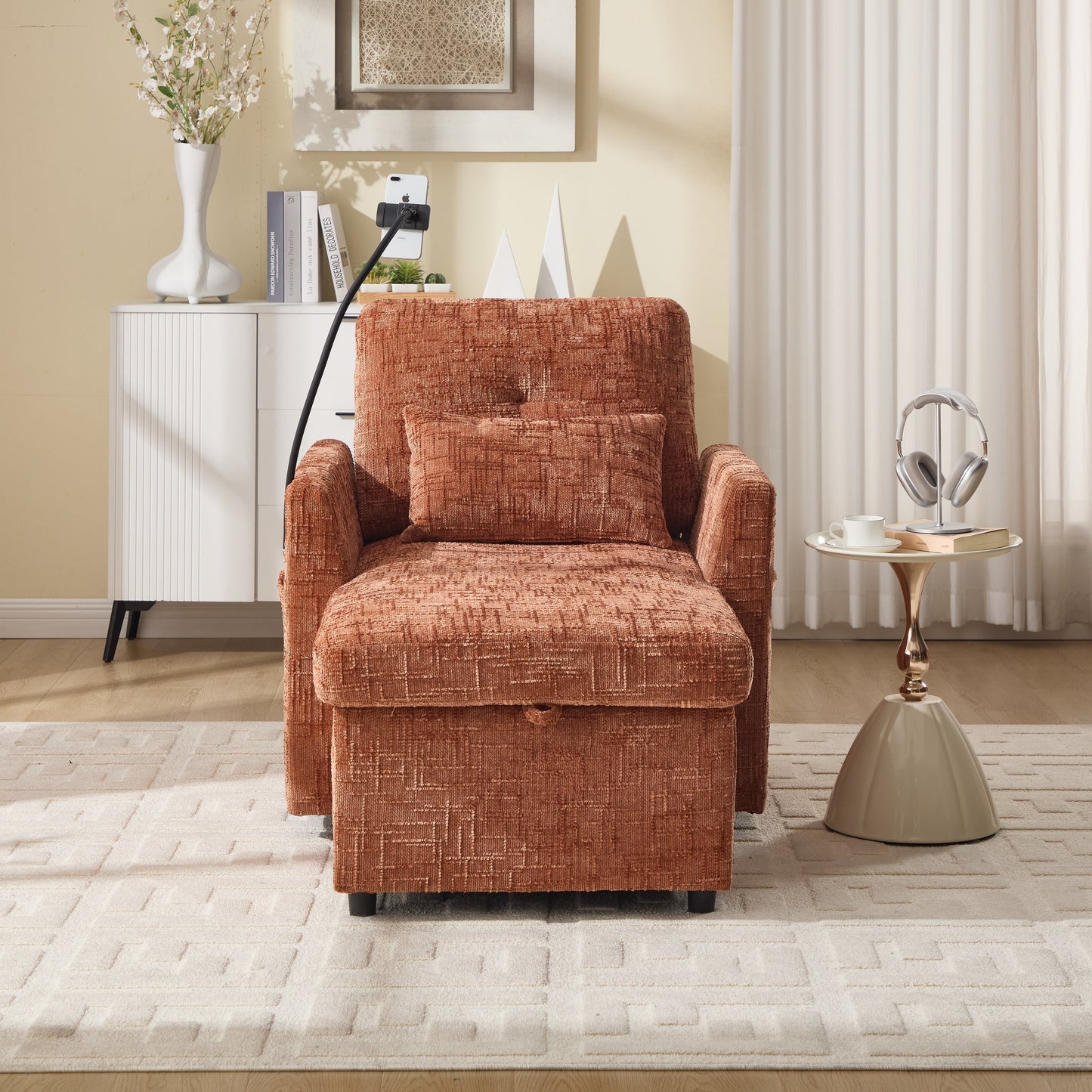 Multifunctional Lazy Person Sofa Recliner,Storage Backrest With Cell Phone Bracket Chenille Single Leisure Chair