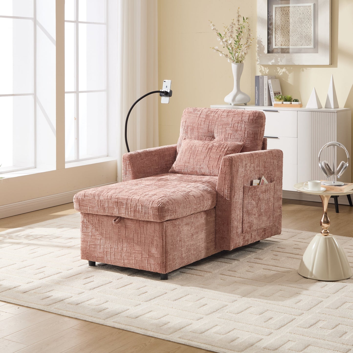 Multifunctional Lazy Person Sofa Recliner,Storage Backrest With Cell Phone Bracket Chenille Single Leisure Chair