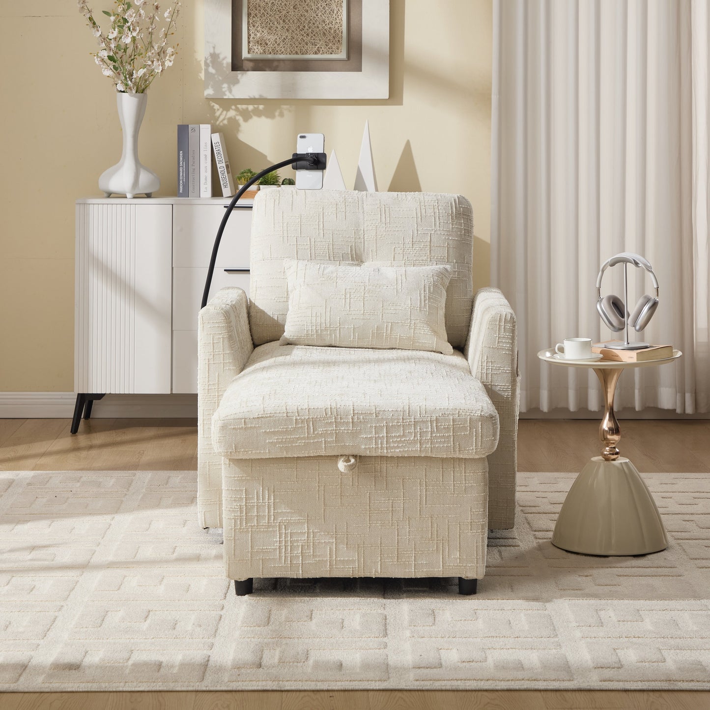 Multifunctional Lazy Person Sofa Recliner,Storage Backrest With Cell Phone Bracket Chenille Single Leisure Chair
