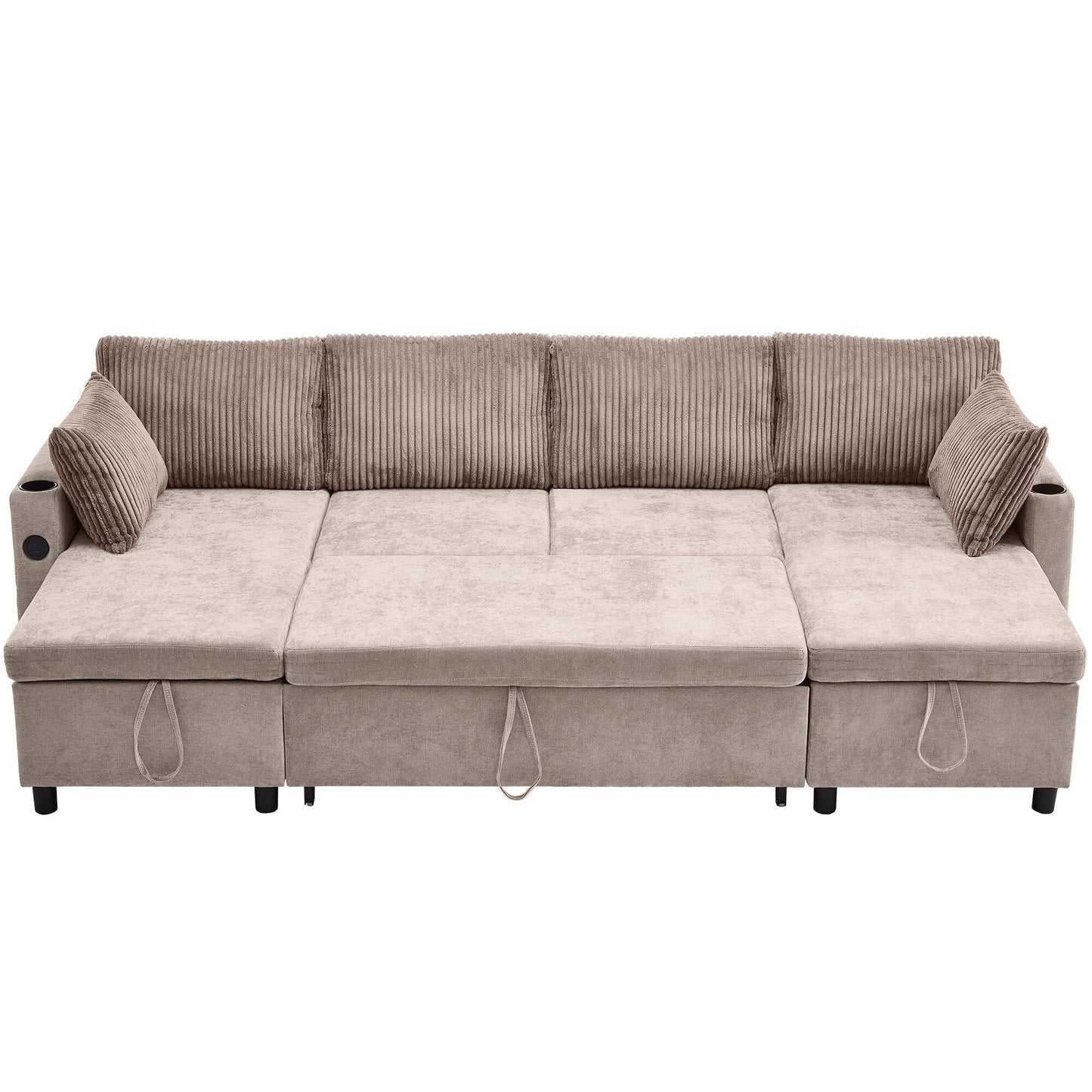 Multifunctional Sectional Sofa Bed with Pull-Out Sleeper, Dual Storage Chaises, USB Ports and Cup Holders for Living Room