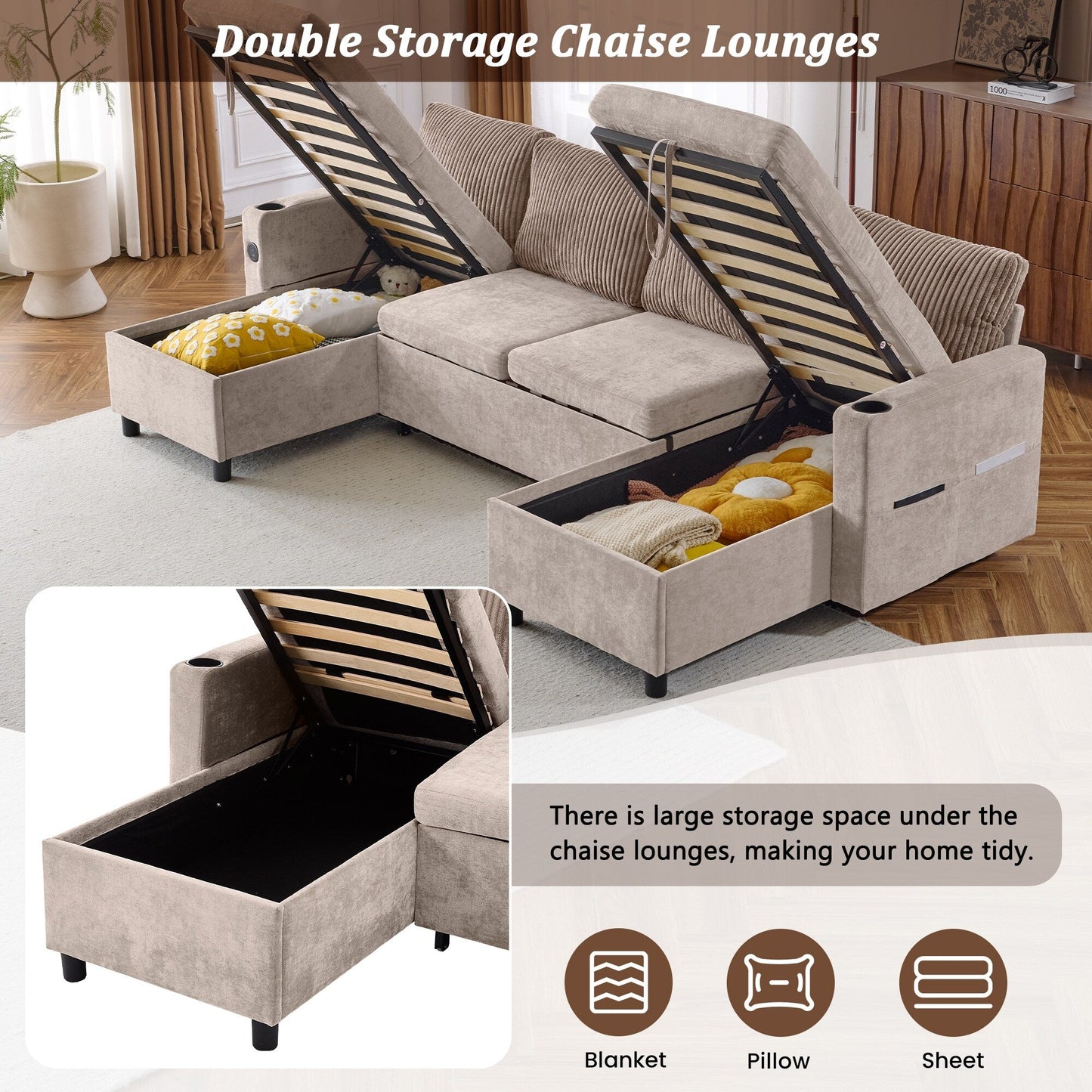 Multifunctional Sectional Sofa Bed with Pull-Out Sleeper, Dual Storage Chaises, USB Ports and Cup Holders for Living Room