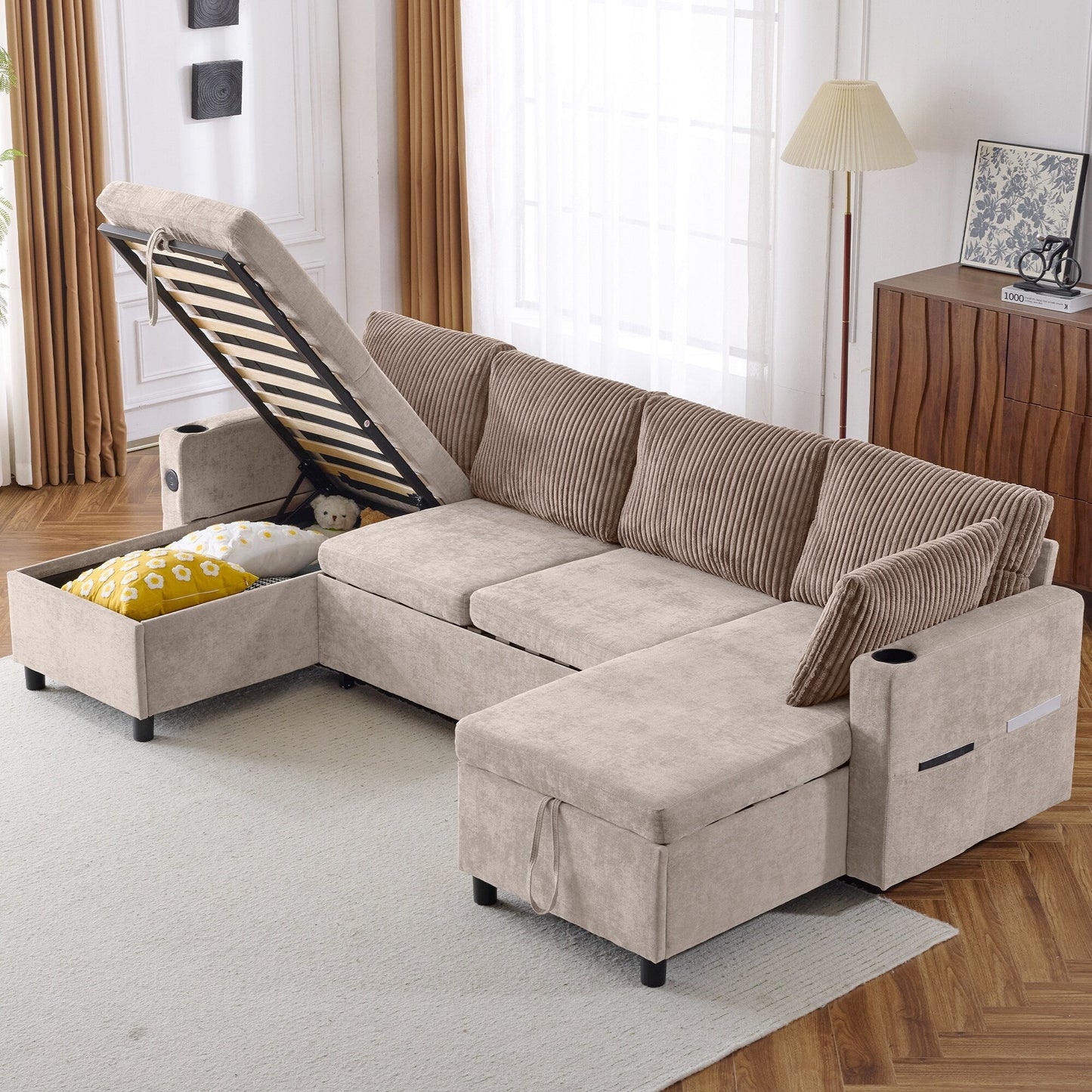Multifunctional Sectional Sofa Bed with Pull-Out Sleeper, Dual Storage Chaises, USB Ports and Cup Holders for Living Room