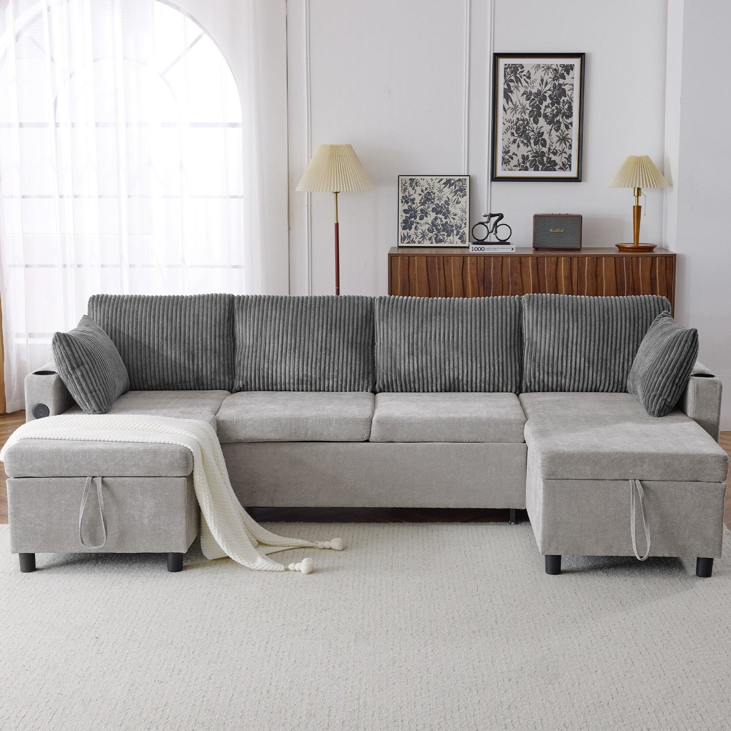Multifunctional Sectional Sofa Bed with Pull-Out Sleeper, Dual Storage Chaises, USB Ports and Cup Holders for Living Room