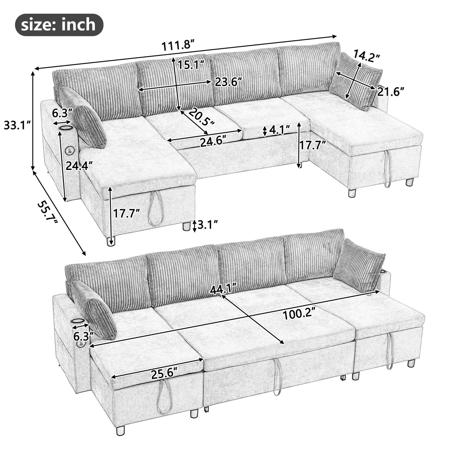 Multifunctional Sectional Sofa Bed with Pull-Out Sleeper, Dual Storage Chaises, USB Ports and Cup Holders for Living Room