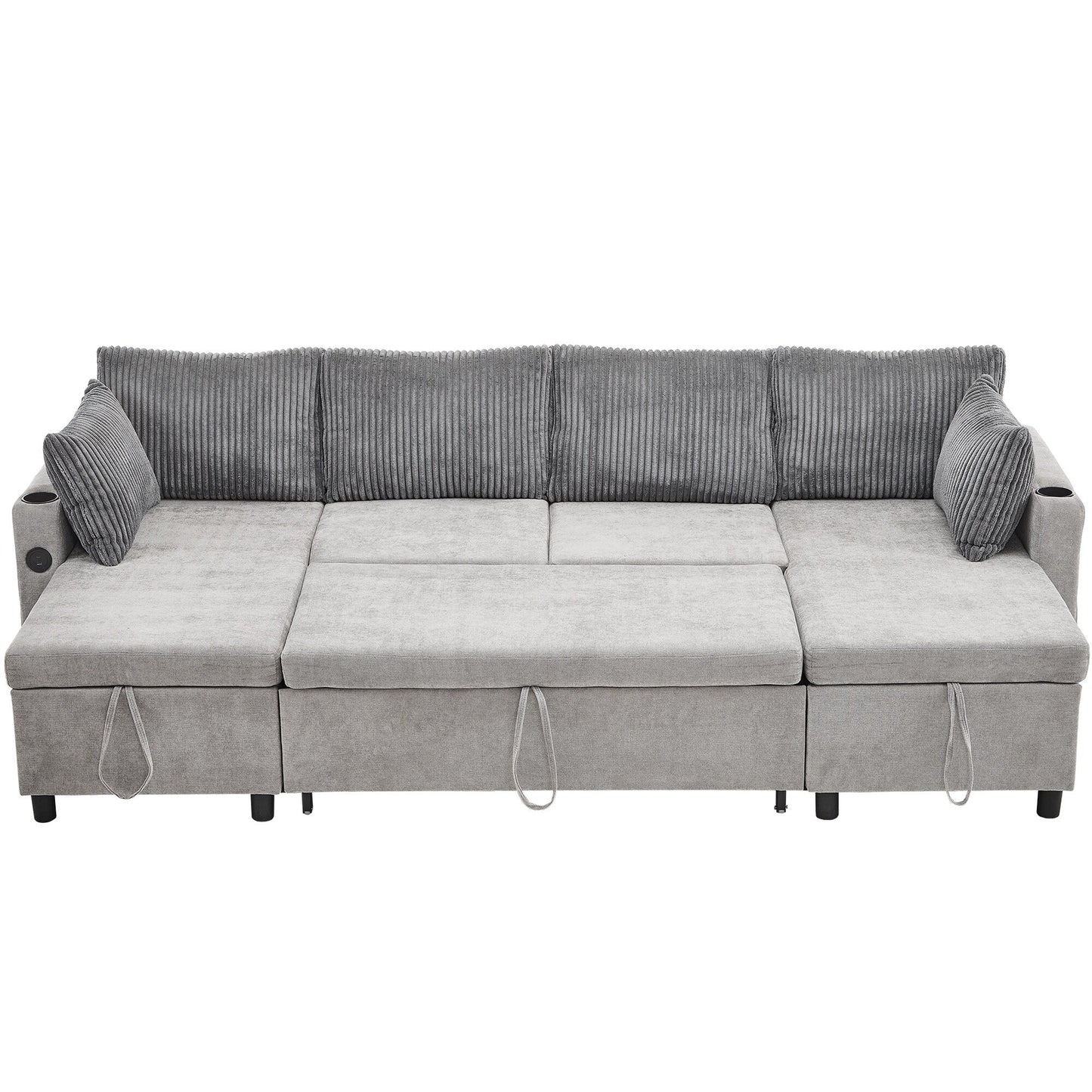 Multifunctional Sectional Sofa Bed with Pull-Out Sleeper, Dual Storage Chaises, USB Ports and Cup Holders for Living Room