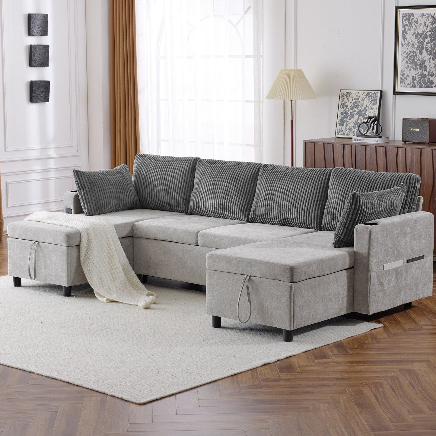 Multifunctional Sectional Sofa Bed with Pull-Out Sleeper, Dual Storage Chaises, USB Ports and Cup Holders for Living Room