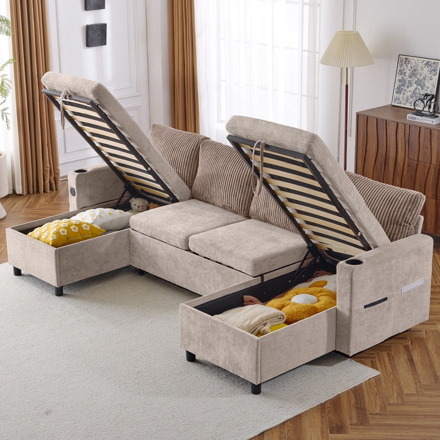 Multifunctional Sectional Sofa Bed with Pull-Out Sleeper, Dual Storage Chaises, USB Ports and Cup Holders for Living Room