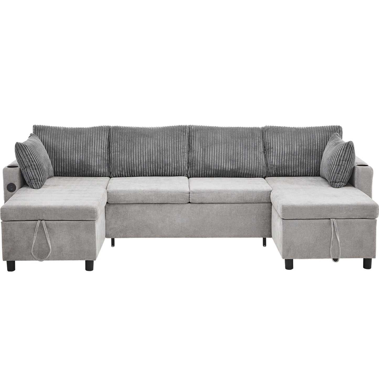 Multifunctional Sectional Sofa Bed with Pull-Out Sleeper, Dual Storage Chaises, USB Ports and Cup Holders for Living Room