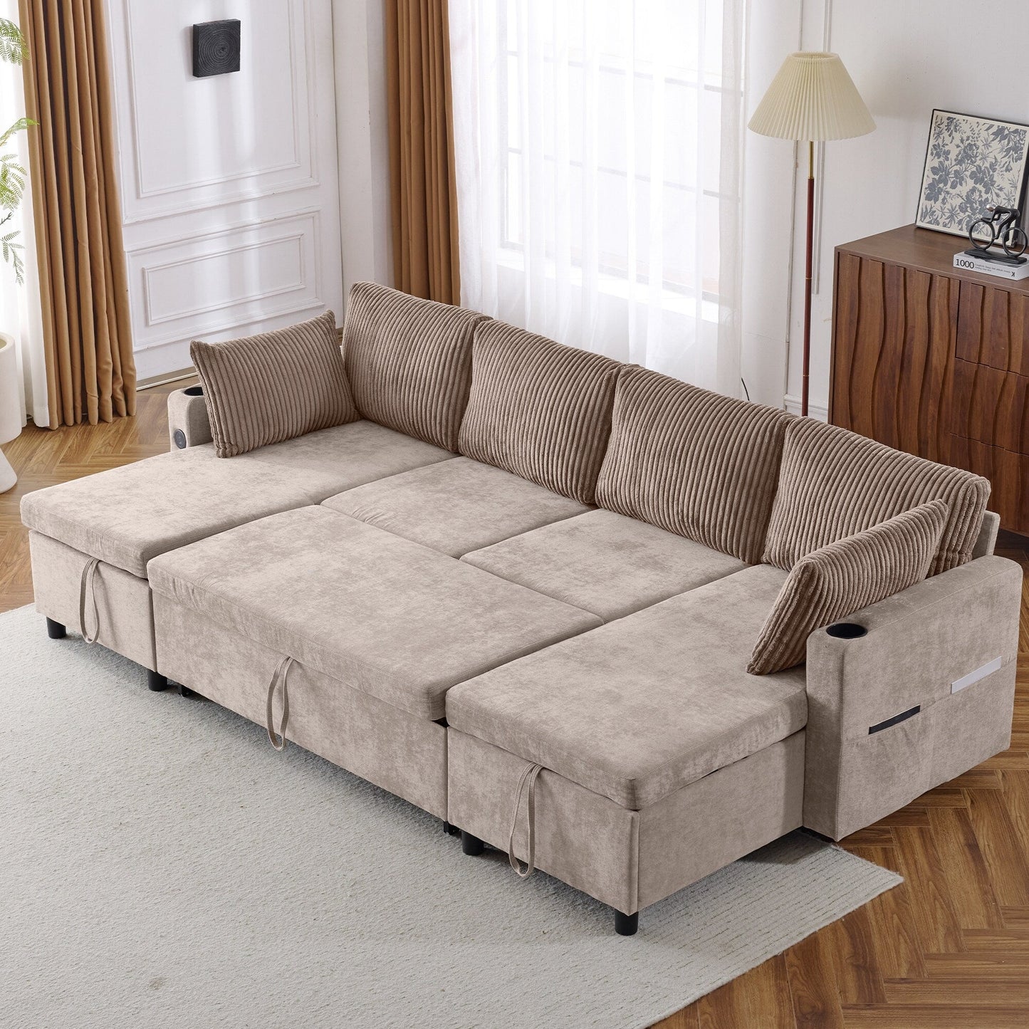 Multifunctional Sectional Sofa Bed with Pull-Out Sleeper, Dual Storage Chaises, USB Ports and Cup Holders for Living Room