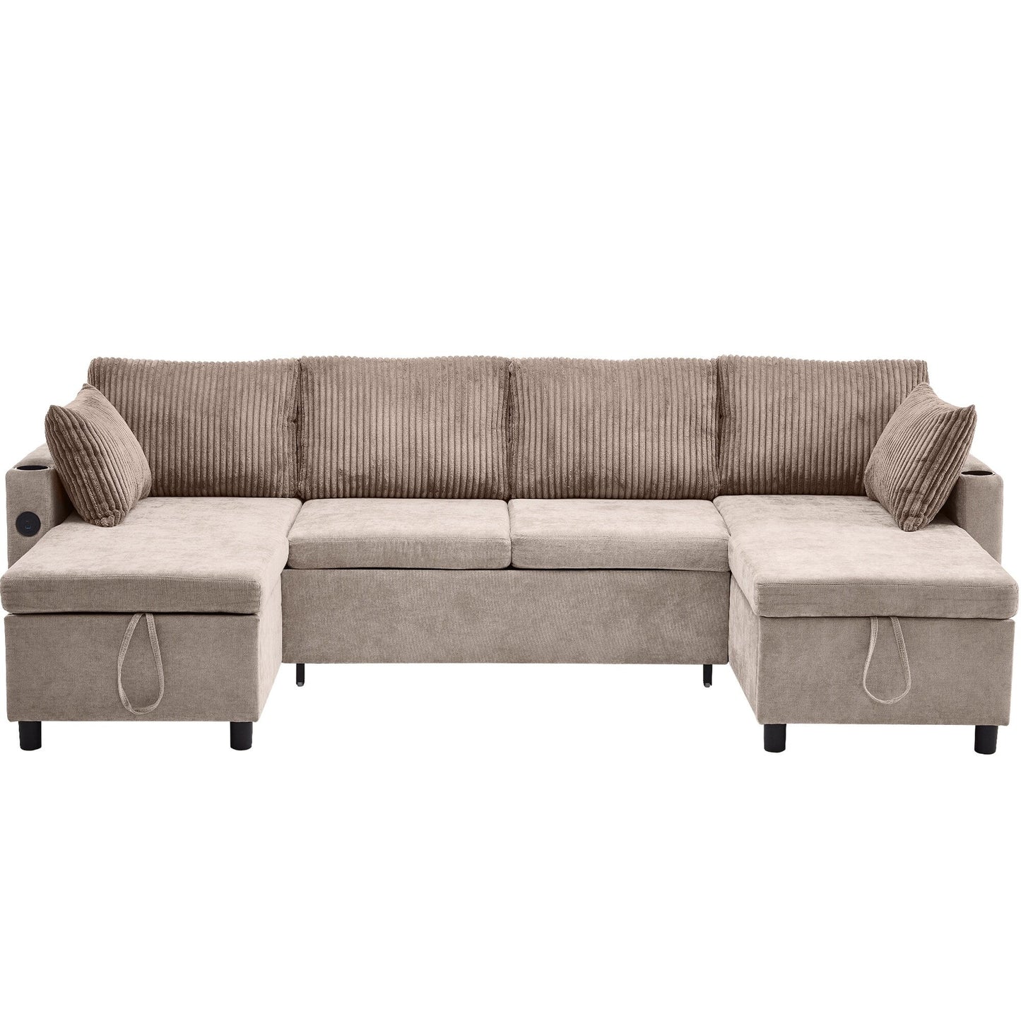 Multifunctional Sectional Sofa Bed with Pull-Out Sleeper, Dual Storage Chaises, USB Ports and Cup Holders for Living Room