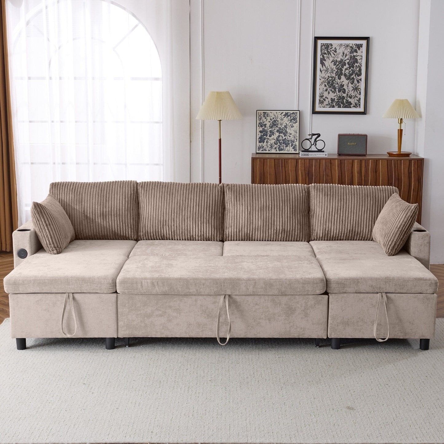 Multifunctional Sectional Sofa Bed with Pull-Out Sleeper, Dual Storage Chaises, USB Ports and Cup Holders for Living Room