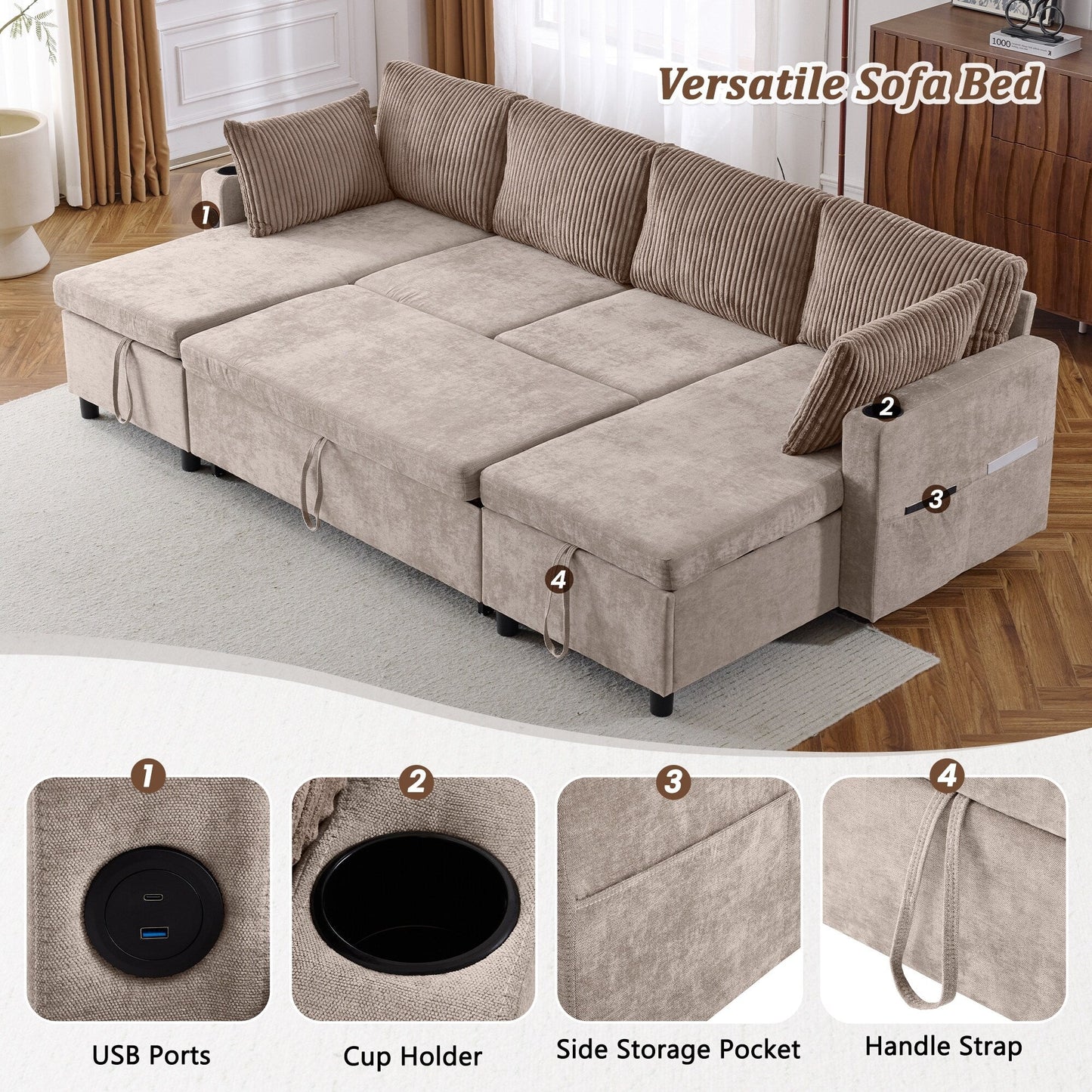 Multifunctional Sectional Sofa Bed with Pull-Out Sleeper, Dual Storage Chaises, USB Ports and Cup Holders for Living Room