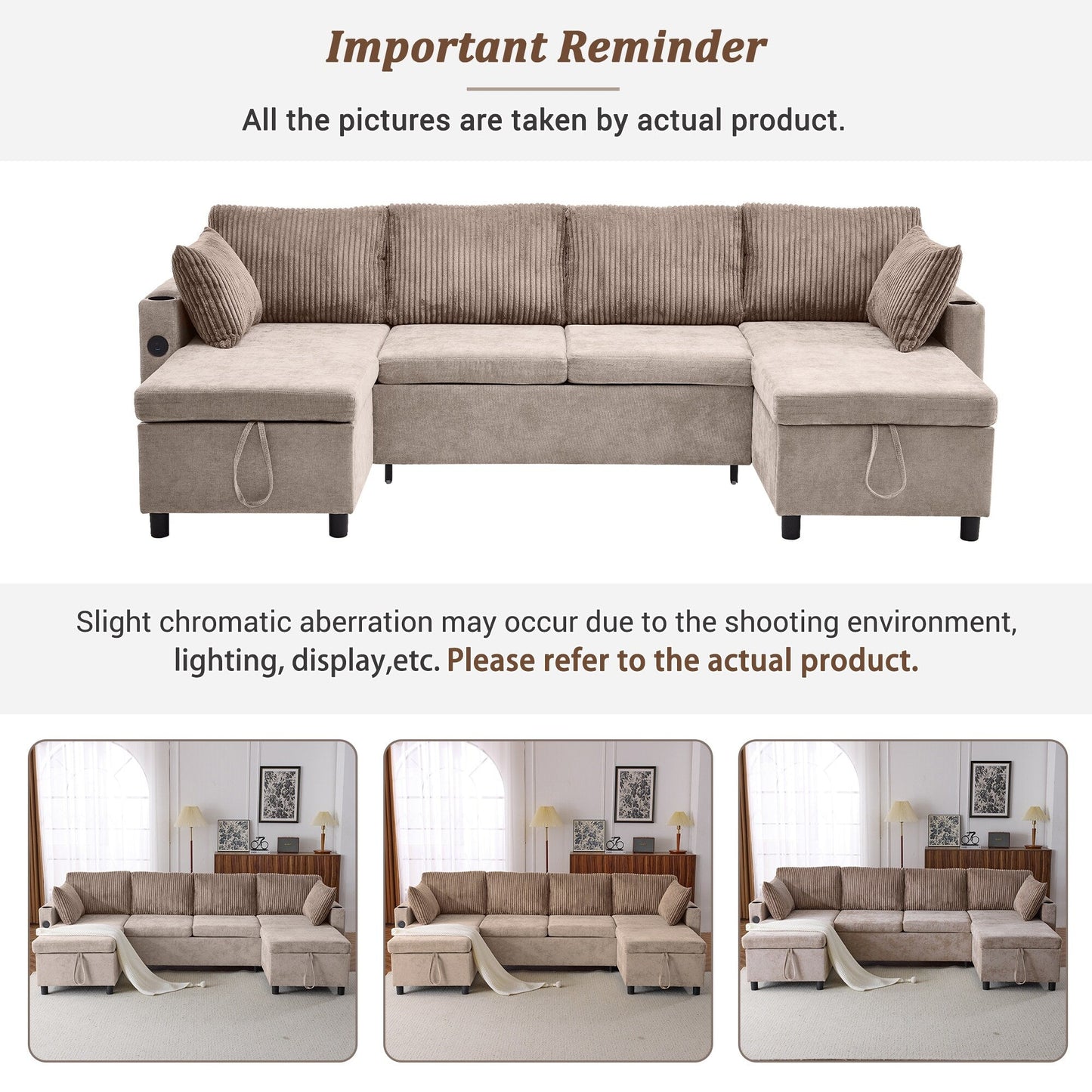 Multifunctional Sectional Sofa Bed with Pull-Out Sleeper, Dual Storage Chaises, USB Ports and Cup Holders for Living Room