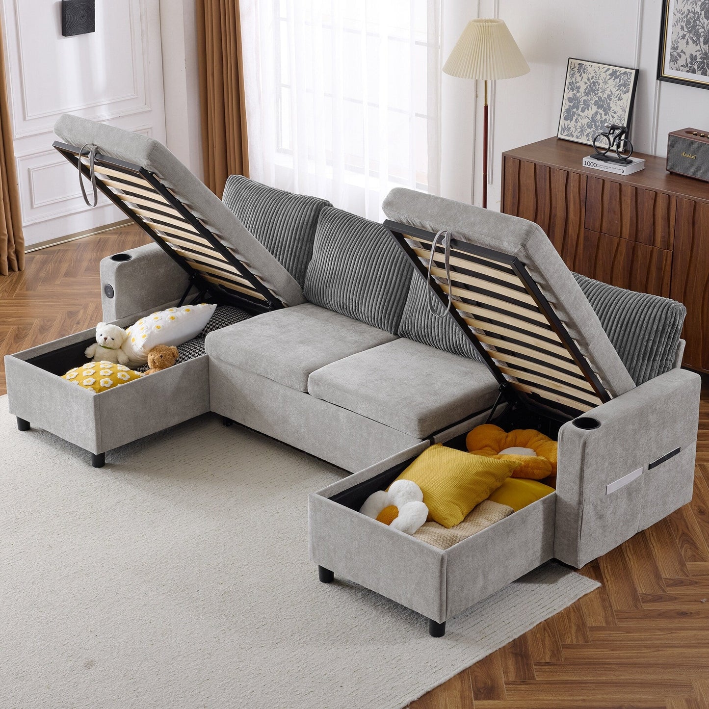 Multifunctional Sectional Sofa Bed with Pull-Out Sleeper, Dual Storage Chaises, USB Ports and Cup Holders for Living Room
