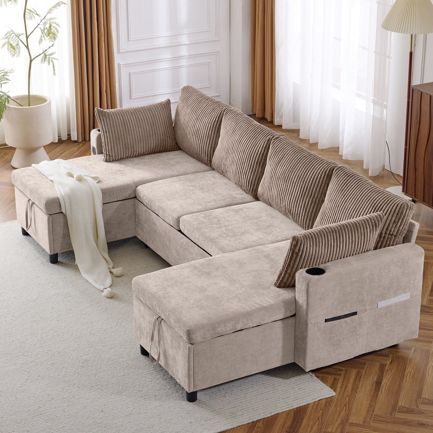 Multifunctional Sectional Sofa Bed with Pull-Out Sleeper, Dual Storage Chaises, USB Ports and Cup Holders for Living Room